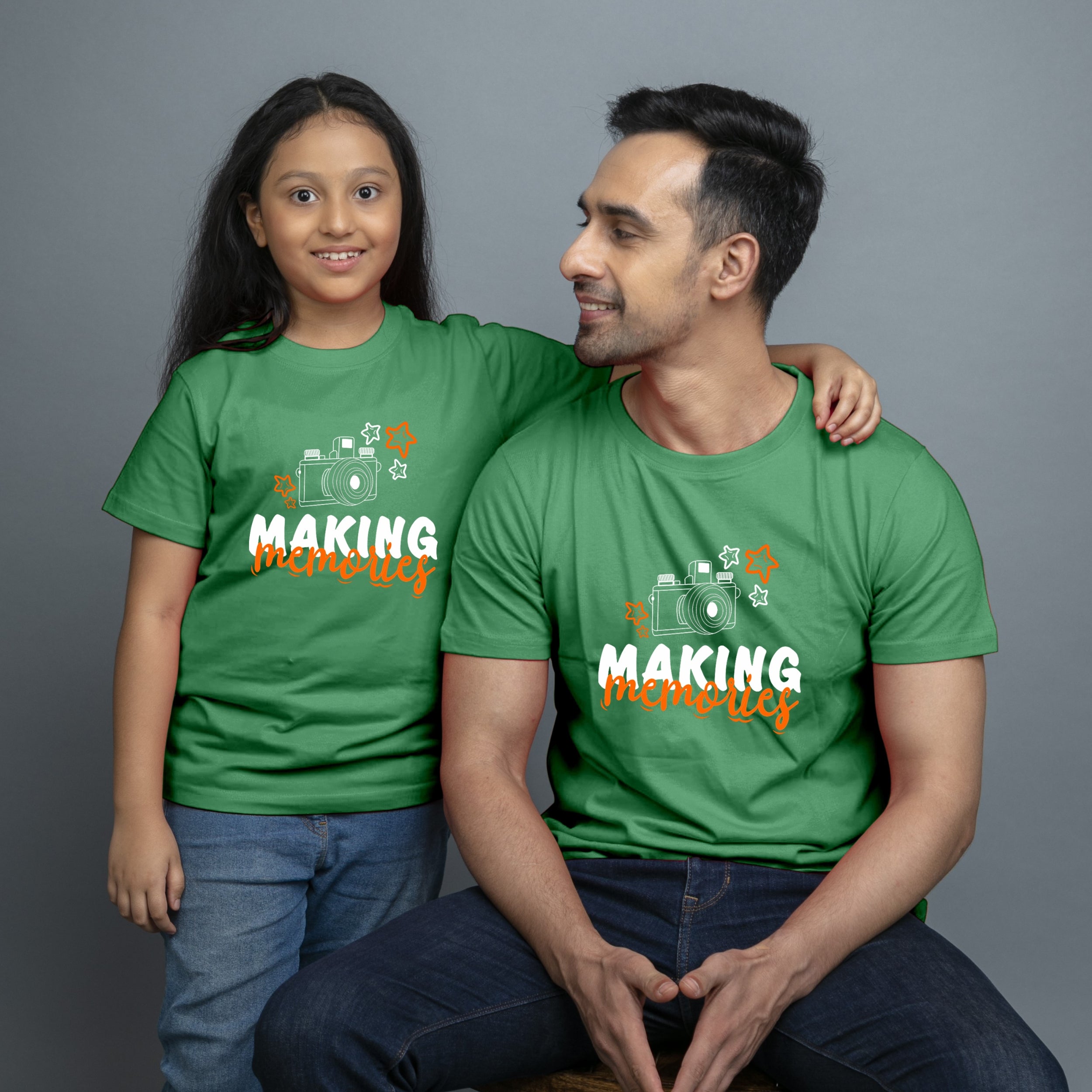Family of 2 t shirt for Dad Daughter in Green Colour- Making Memories Variant