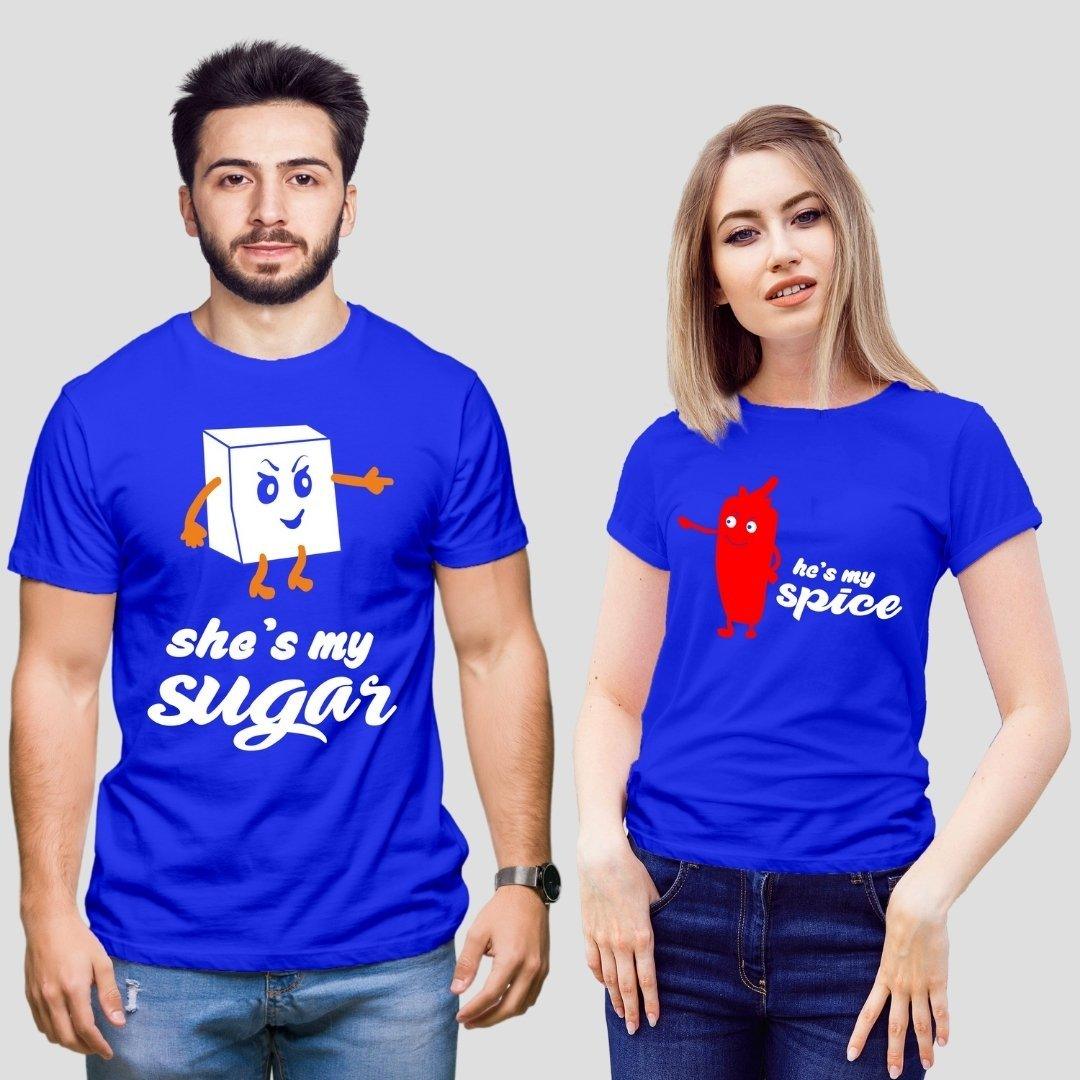 Couple T Shirt In Blue Colour - She Is My Sugar He Is My Spice