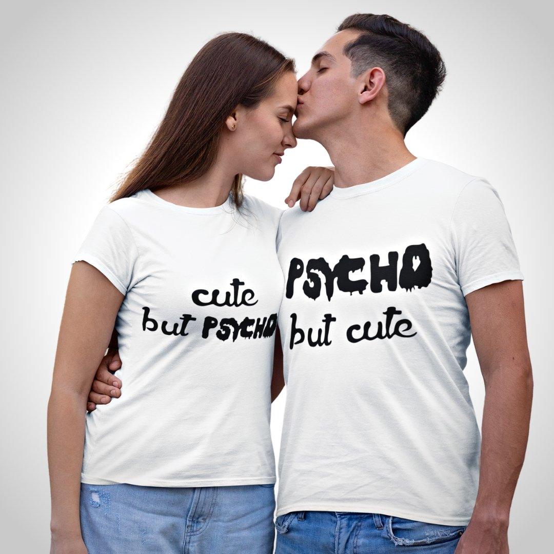 Couple T Shirt In White Colour - Psycho But Cute and Cute But Psycho Variant