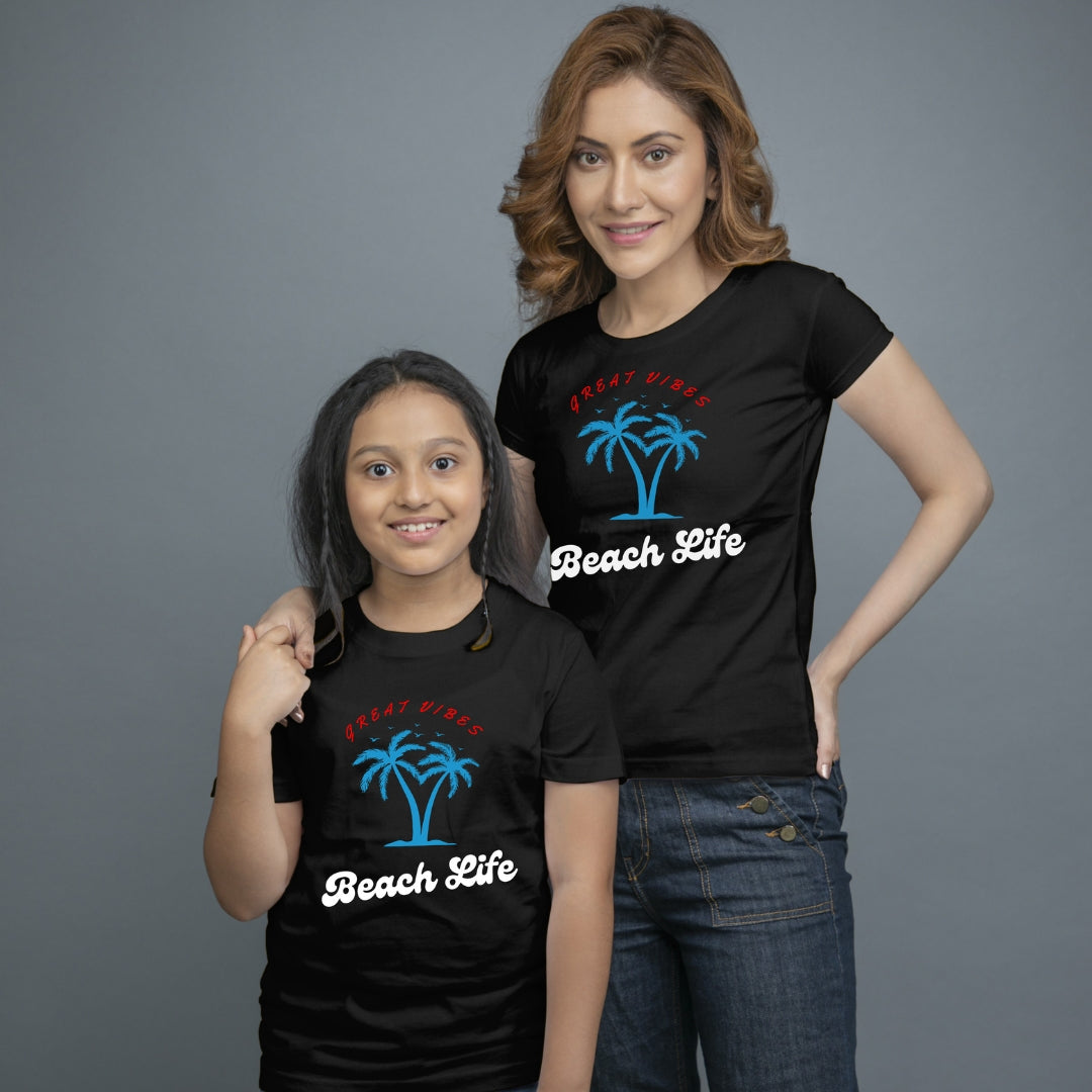 Family of 2 t shirt for Mom Daughter in Black Colour- Beach Life Variant