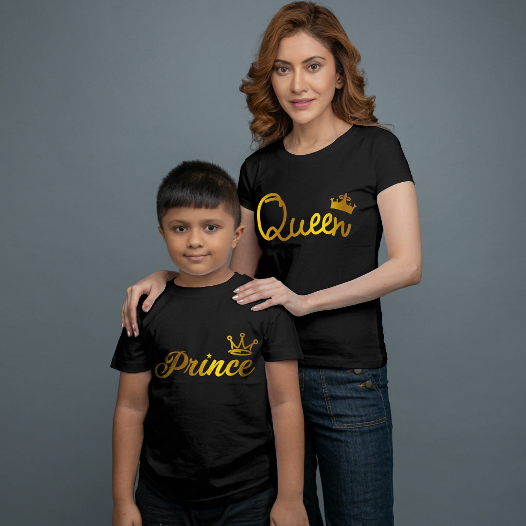Family of 2 t shirt for Mom Son in Black Colour- Queen Princess All Gold Variant