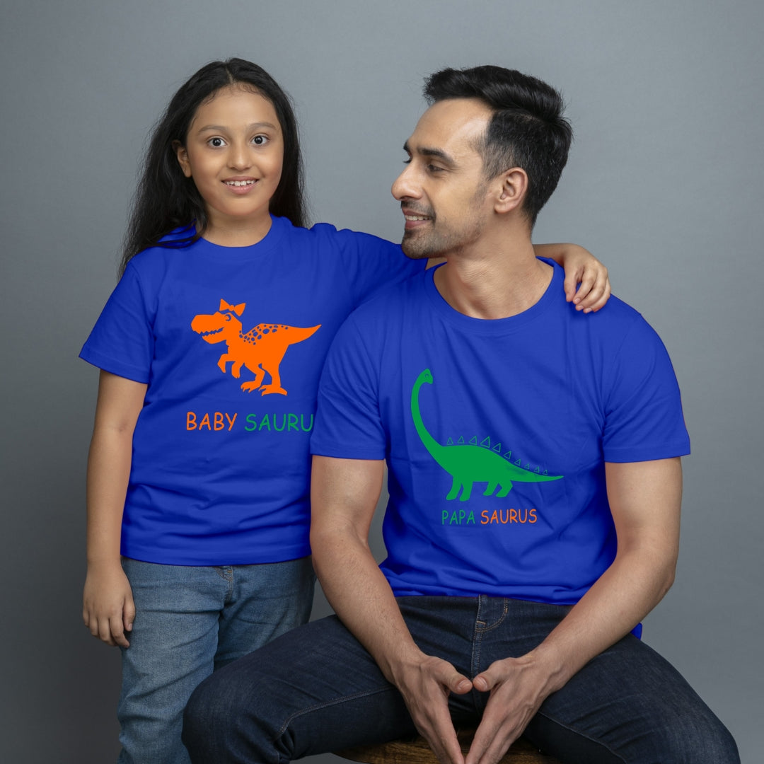 Family of 2 t shirt for Dad Daughter in Blue Colour- Dino Family Variant