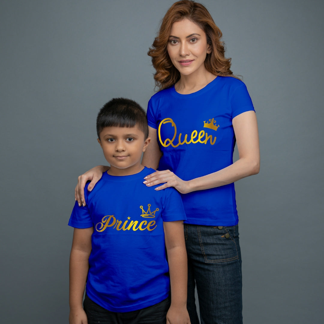 Family of 2 t shirt for Mom Son in Blue Colour- Queen Princess All Gold Variant