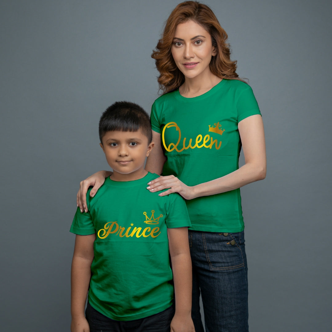 Family of 2 t shirt for Mom Son in Green Colour- Queen Princess All Gold Variant