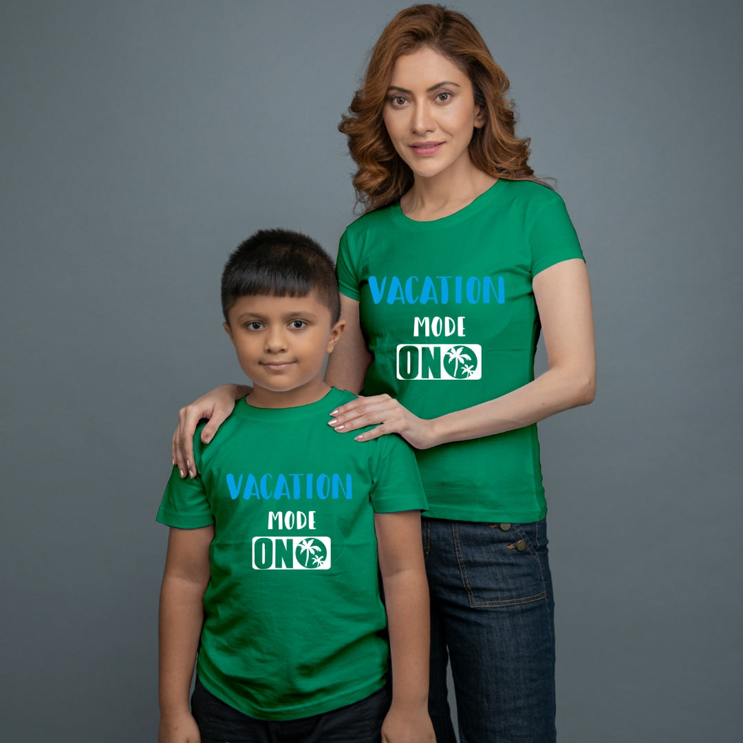 Family of 2 t shirt for Mom Son in Green Colour- Vacation Mode On