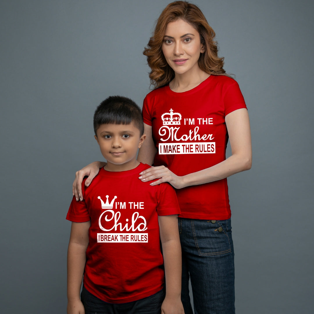 Family of 2 t shirt for Mom Son in Red Colour - Mother Makes Son Breaks The Rule Variant