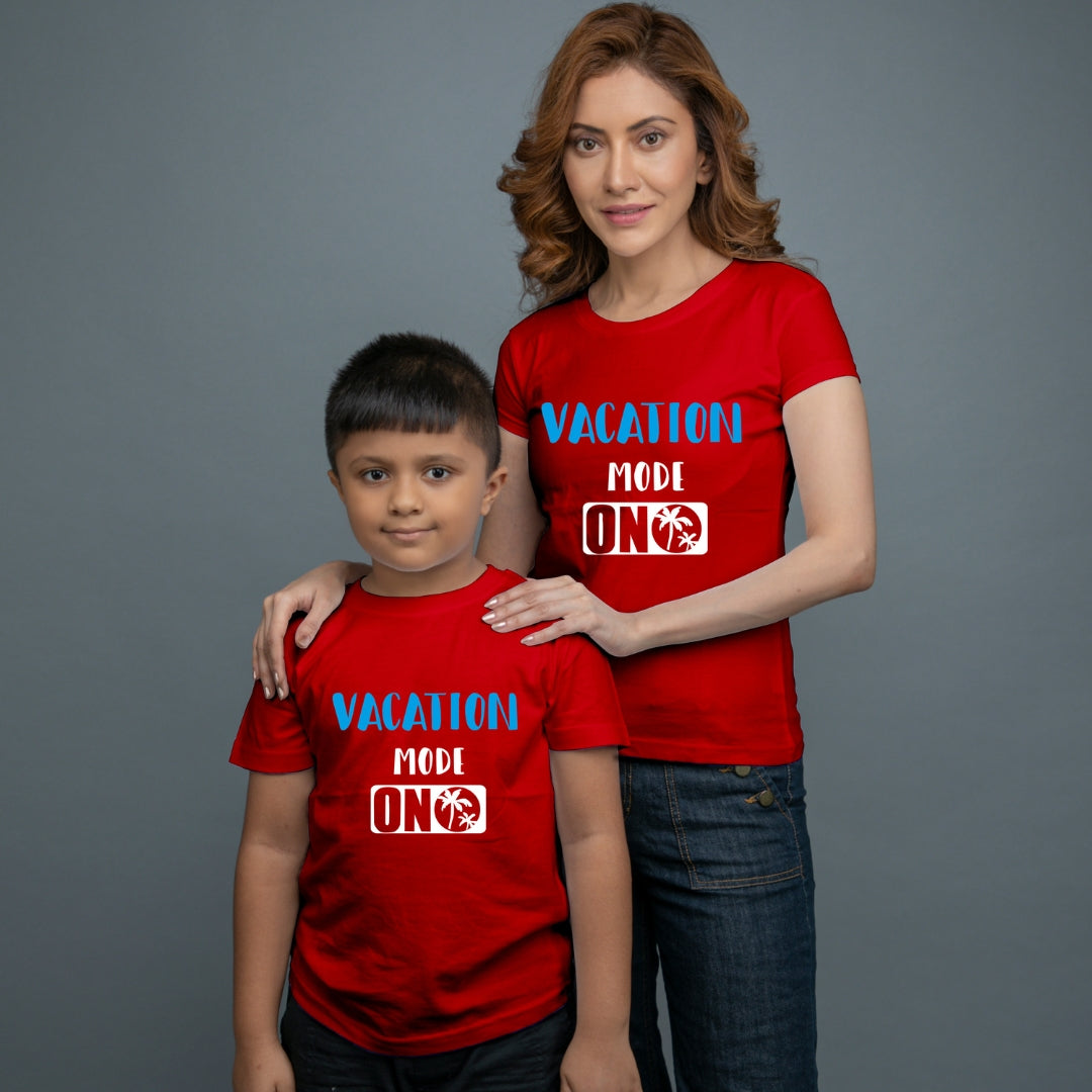 Family of 2 t shirt for Mom Son in Red Colour- Vacation Mode On
