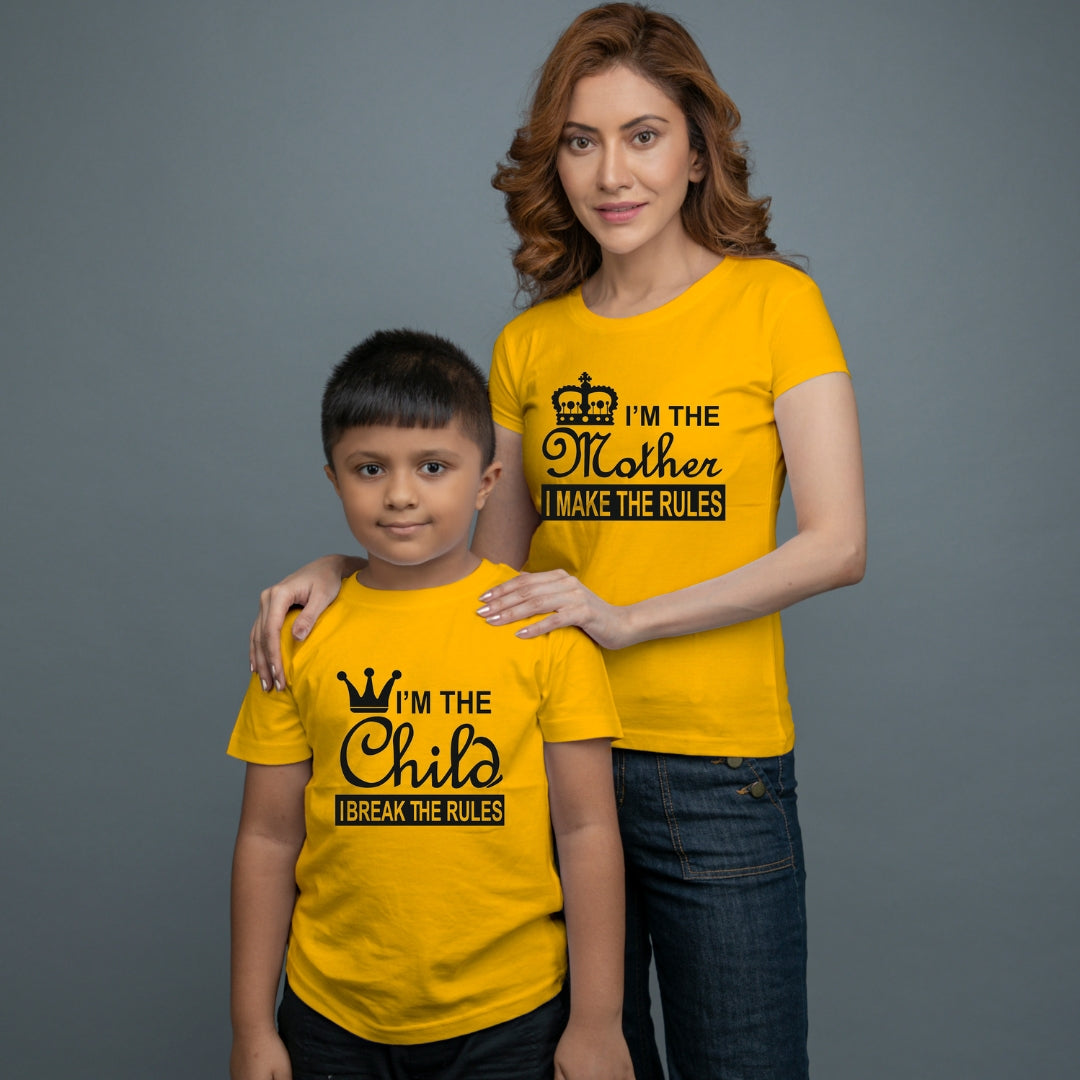 Family of 2 t shirt for Mom Son in Yellow Colour - Mother Makes Son Breaks The Rule Variant