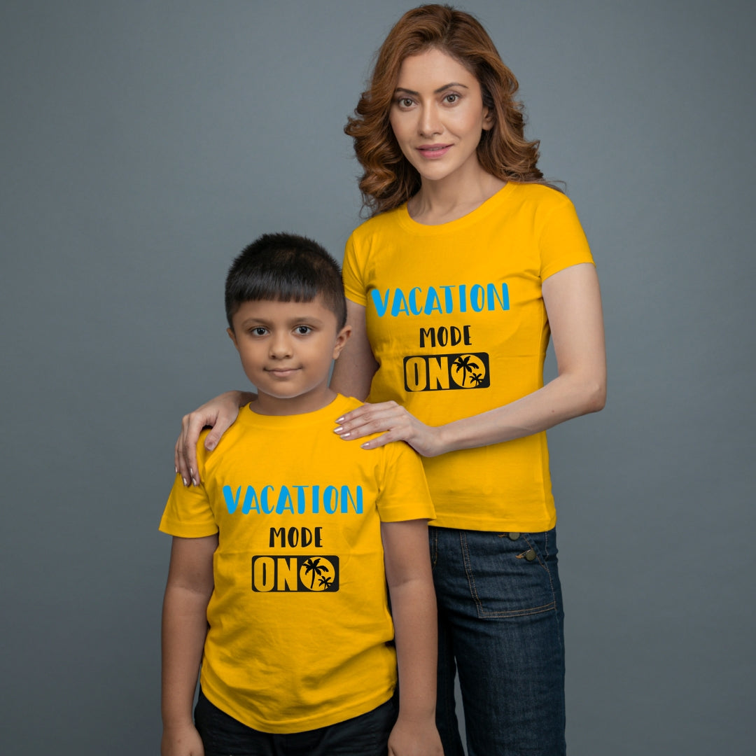 Family of 2 t shirt for Mom Son in Yellow Colour- Vacation Mode On