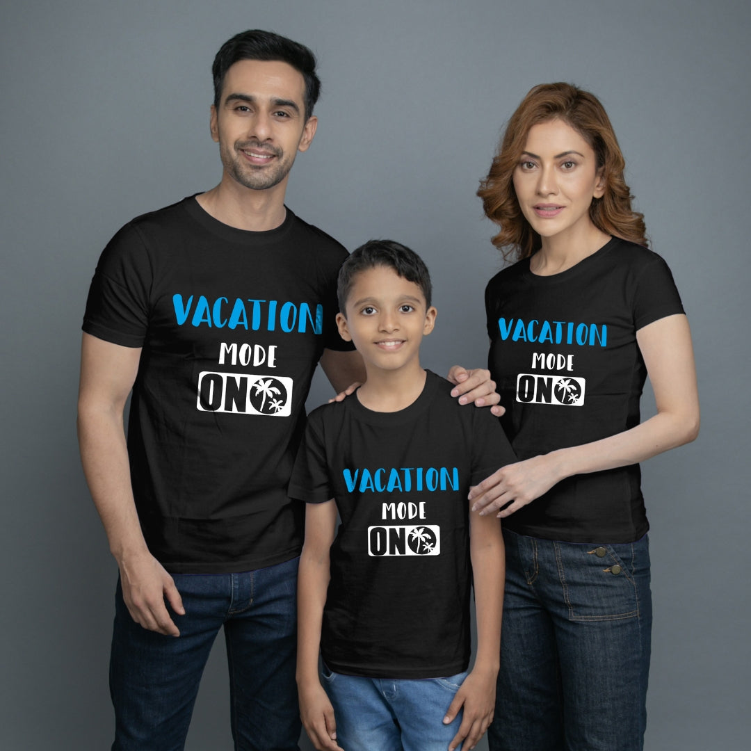 Family t shirt set of 3 Mom Dad Son in Black Colour - Vacation Mode On Variant