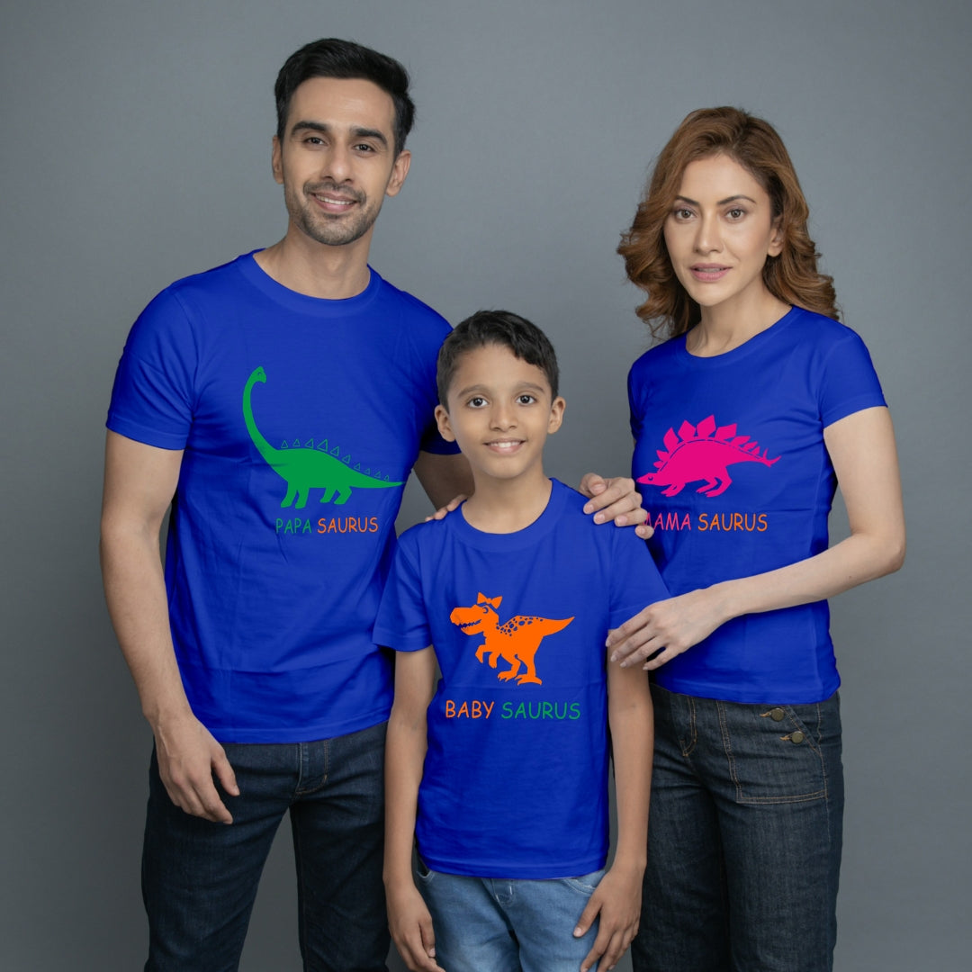 Family t shirt set of 3 Mom Dad Son in Blue Colour -  Dino Family Variant