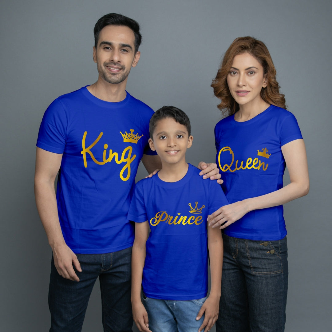 Family t shirt set of 3 Mom Dad Son in Blue Colour - King Queen Prince All Gold Variant