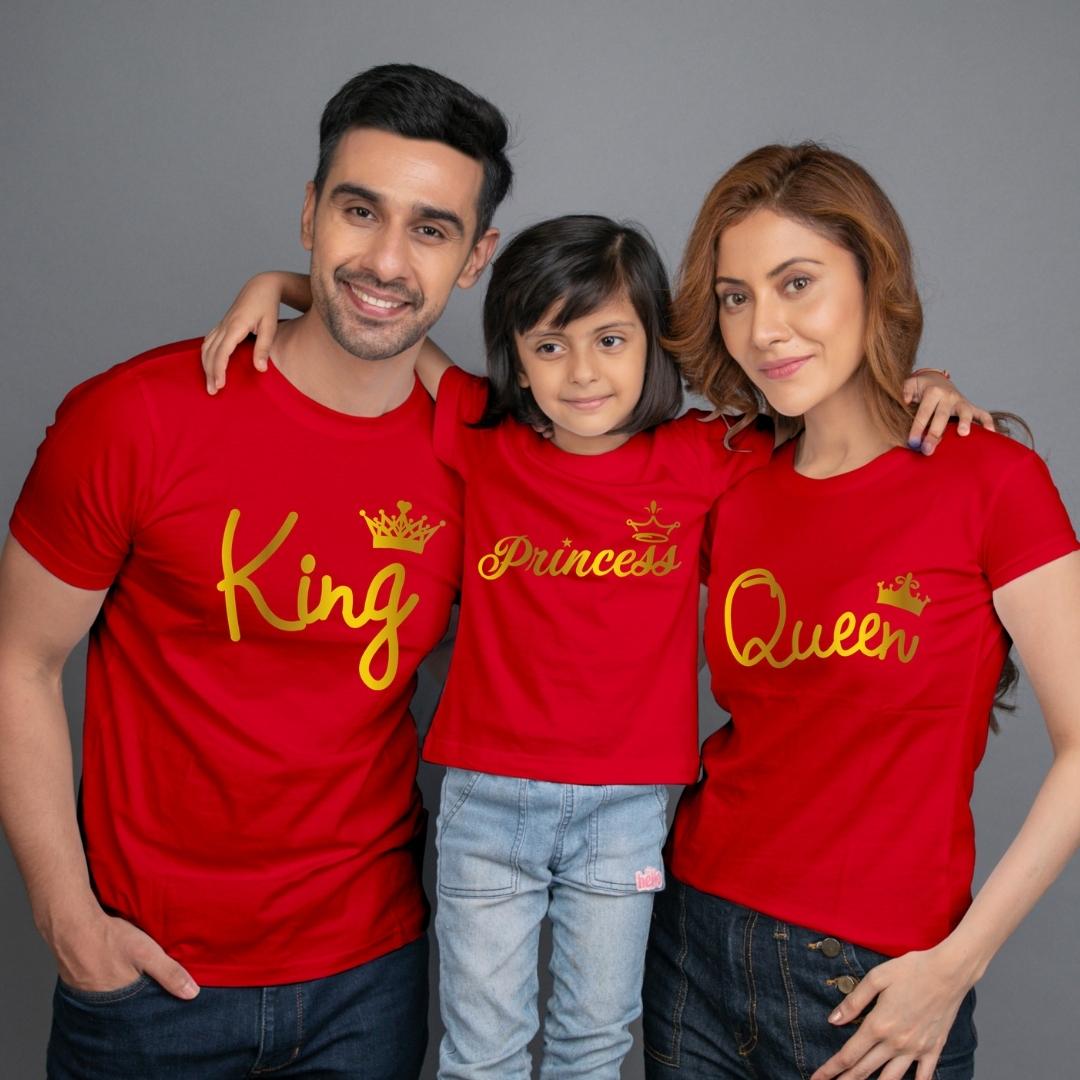 Family t shirt set of 3 Mom Dad Daughter in Red Colour - King Queen Princess All Gold Variant