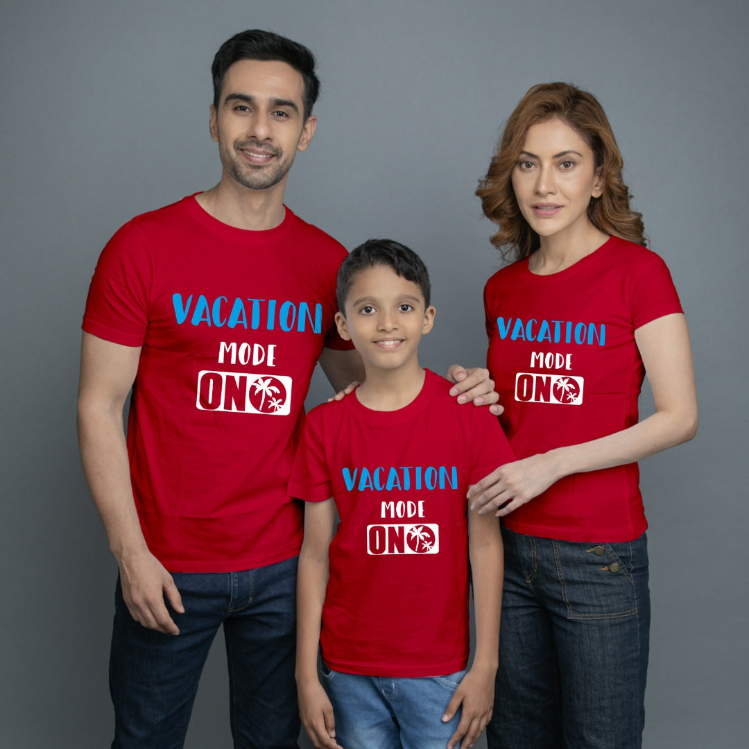 Family t shirt set of 3 Mom Dad Son in Red Colour - Vacation Mode On Variant