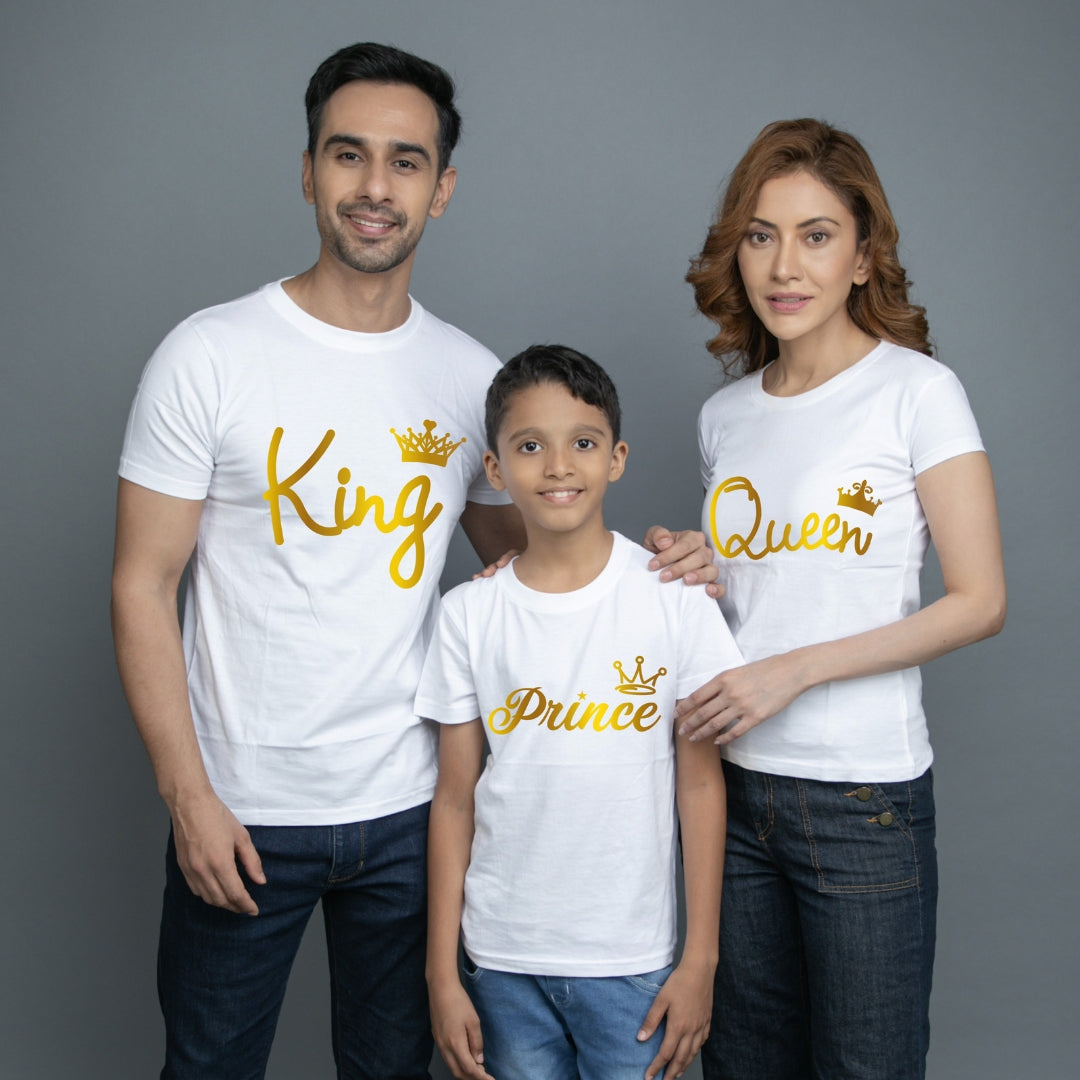 Family t shirt set of 3 Mom Dad Son in White Colour - King Queen Prince All Gold Variant