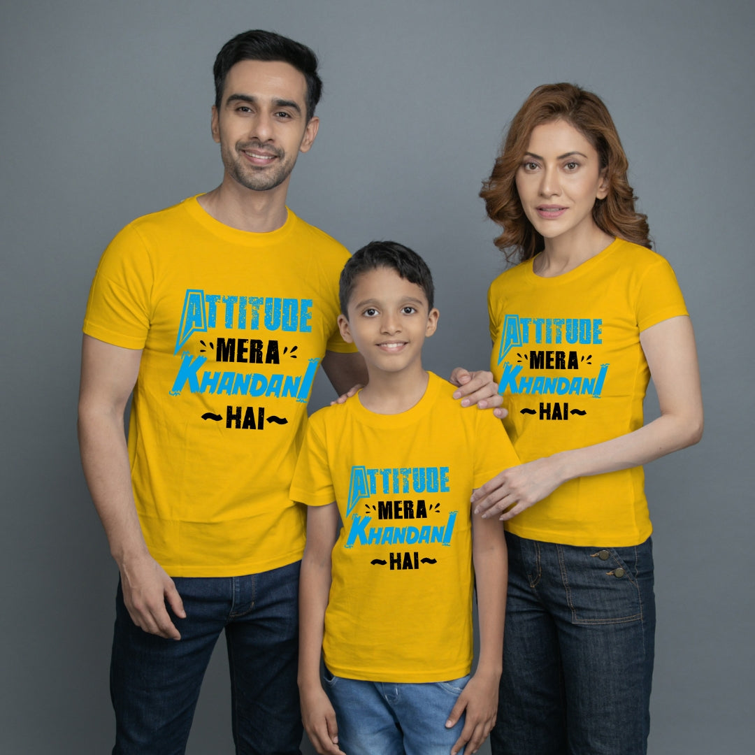 Family t shirt set of 3 Mom Dad Son in Yellow Colour - Attitude Mera Khandani Hain Variant