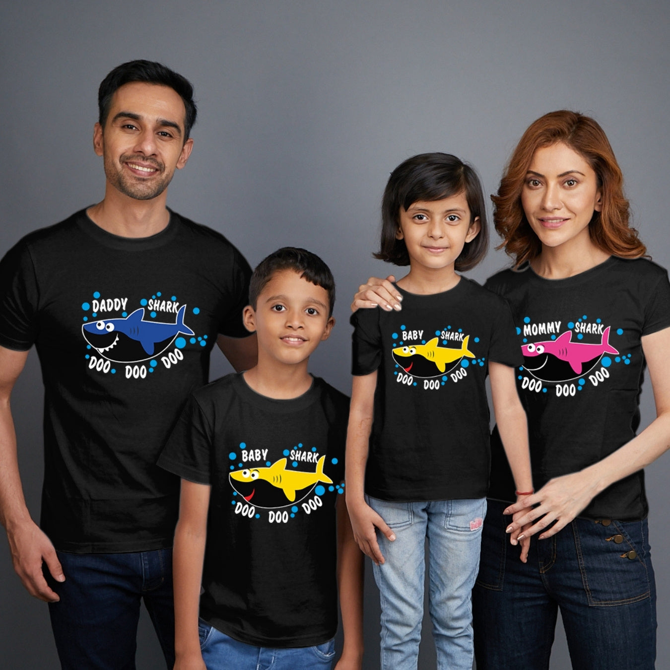 Family t shirts set of 4 Mom Dad Son Daughter in Black Colour - Shark Family
