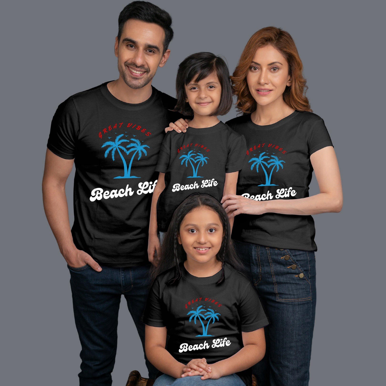 Family t shirts set of 4 Mom Dad Two Daughters in Black Colour - Beach Life Variant