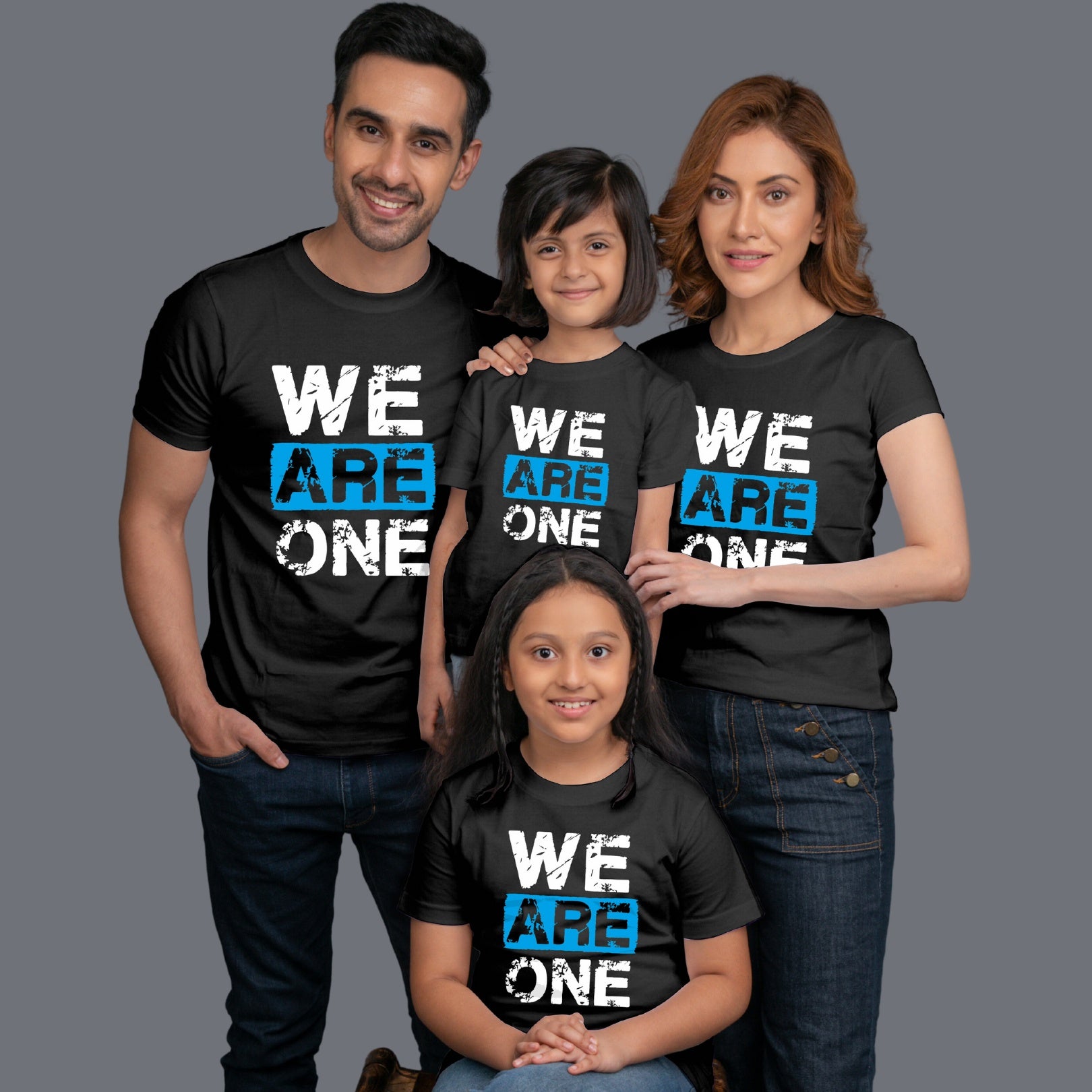 Family t shirts set of 4 Mom Dad Two Daughters in Black Colour - We Are One Variant