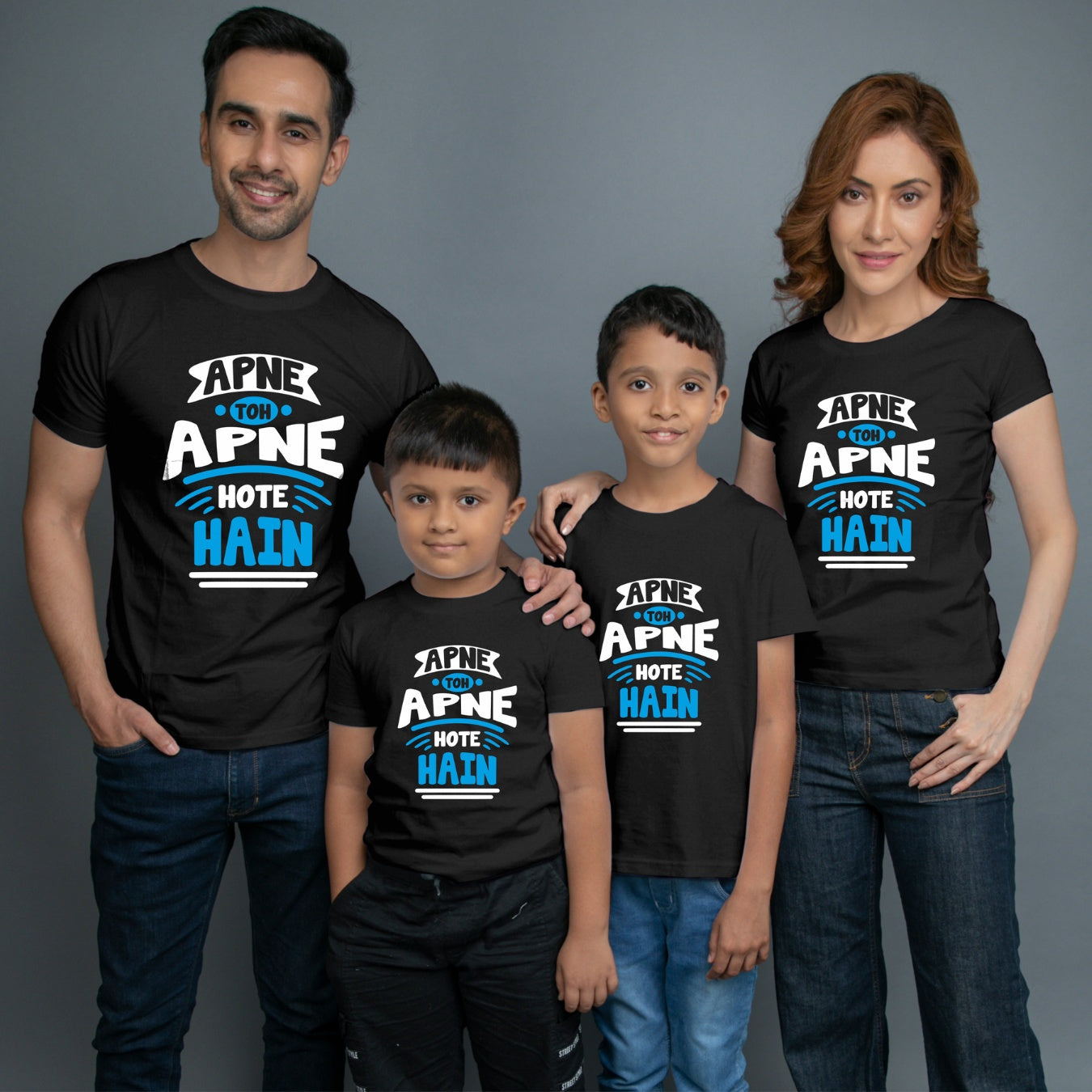 Family t shirts set of 4 Mom Dad Two Sons in Black Colour - Apne Toh Apne Hote Hain Variant