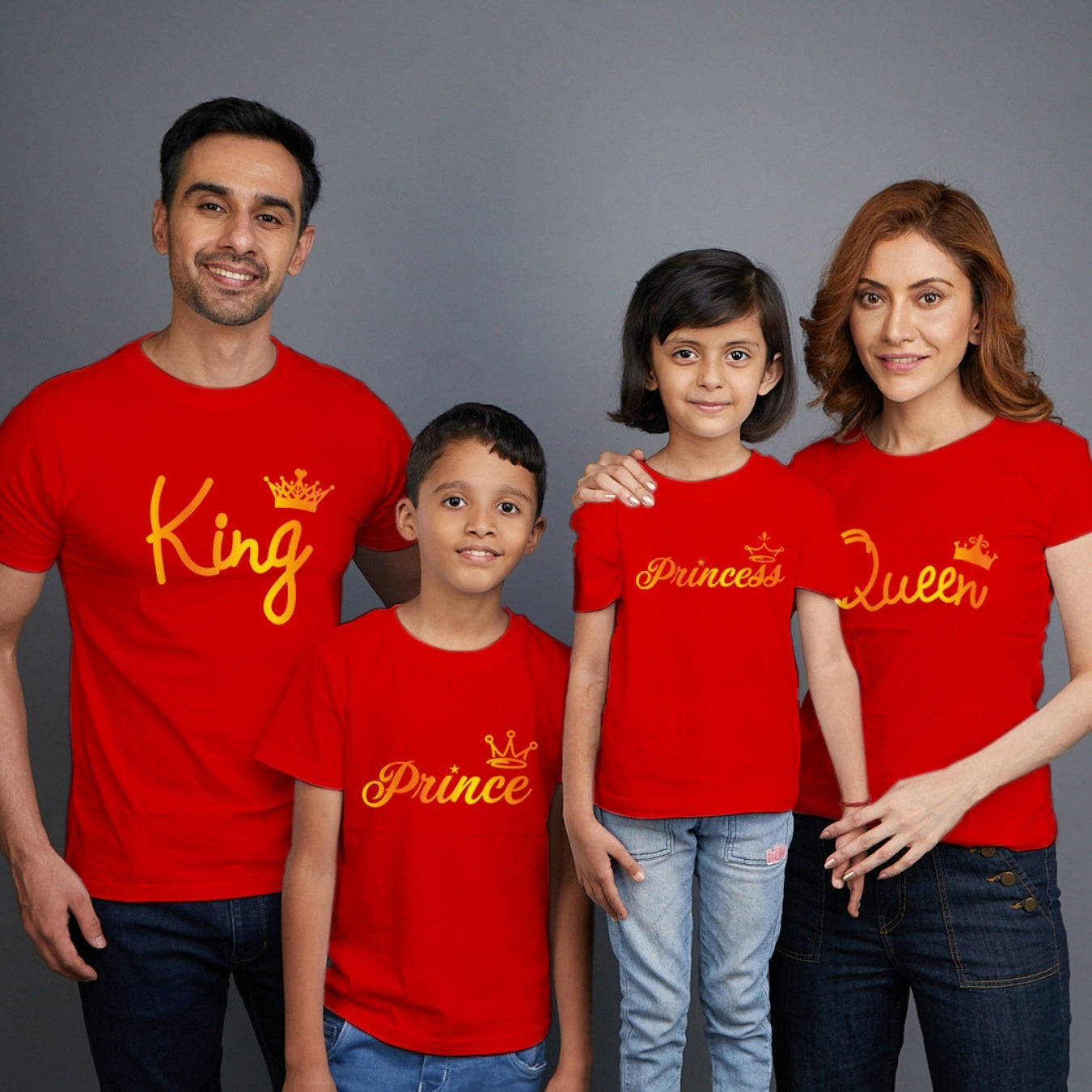 Family t shirts set of 4 Mom Dad Son Daughter in Red Colour - King Queen Prince Princess All Gold Variant
