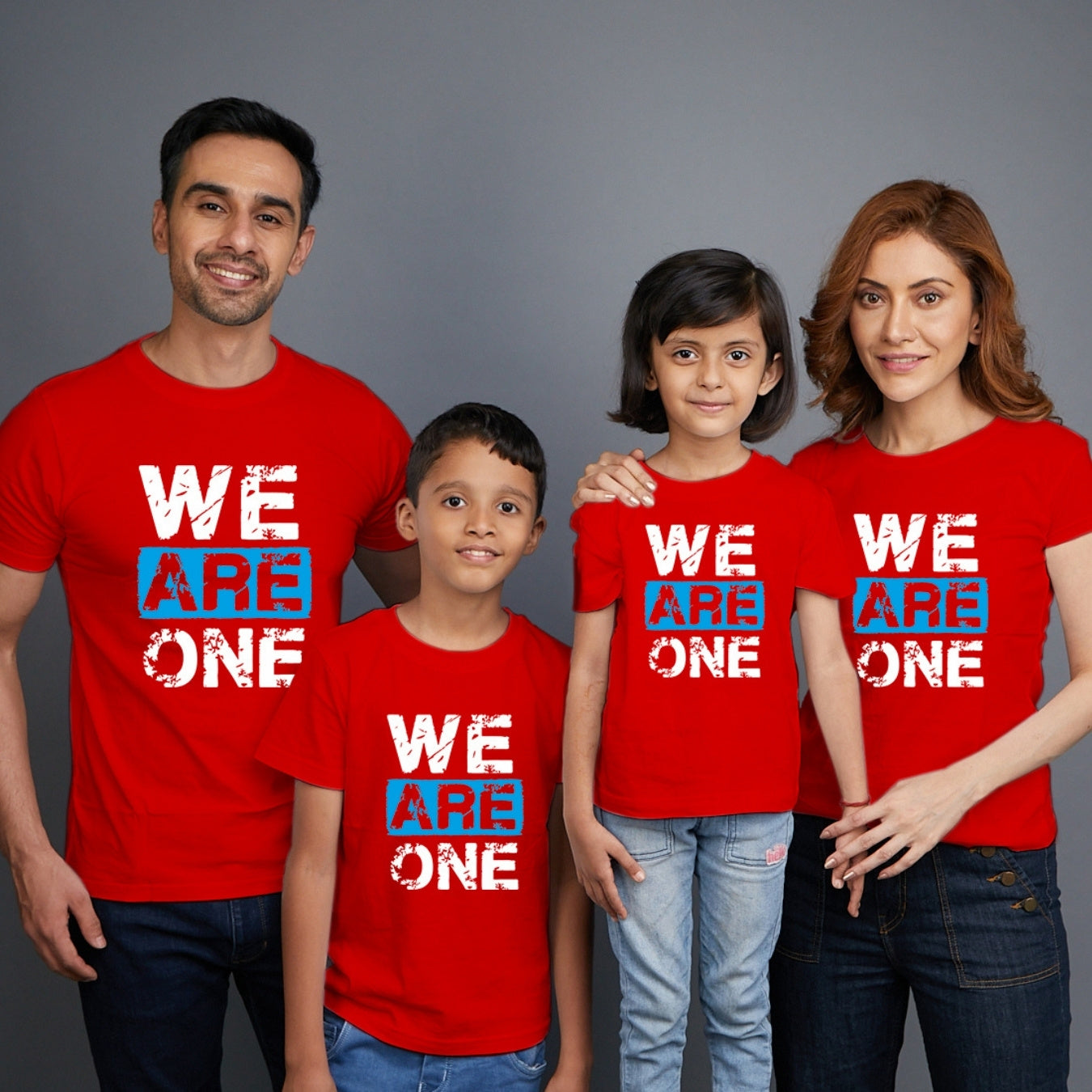 Family t shirts set of 4 Mom Dad Son Daughter in Red Colour - We Are One Variant