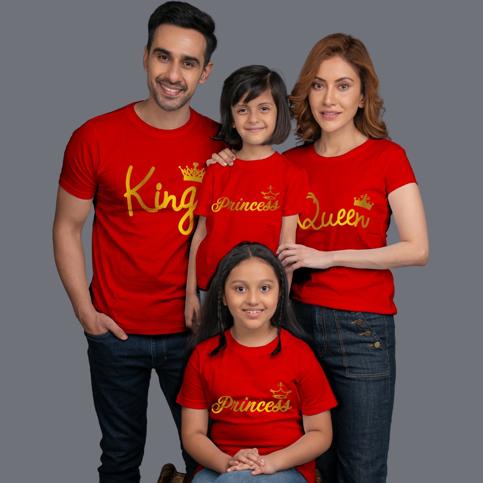 Family t shirts set of 4 Mom Dad Two Daughters in Red Colour - King Queen Princess All Gold Variant