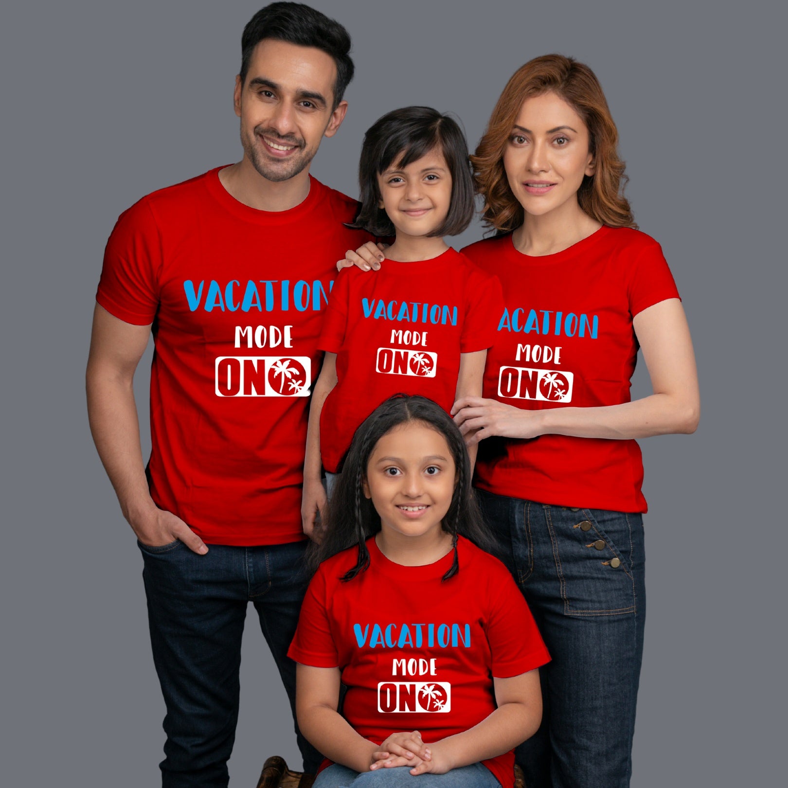 Family t shirts set of 4 Mom Dad Two Daughters in Red Colour - Vacation Mode On Variant
