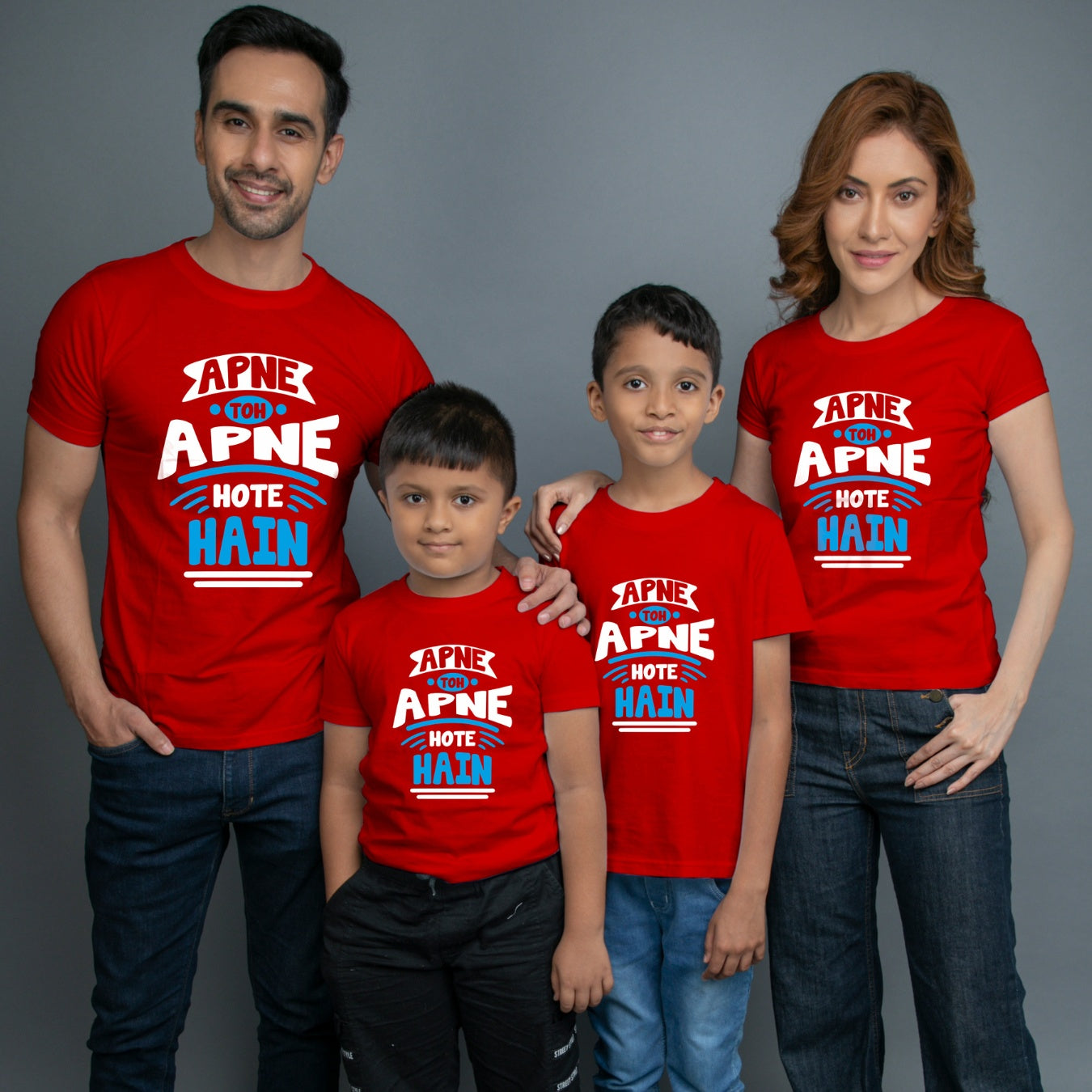 Family t shirts set of 4 Mom Dad Two Sons in Red Colour - Apne Toh Apne Hote Hain Variant