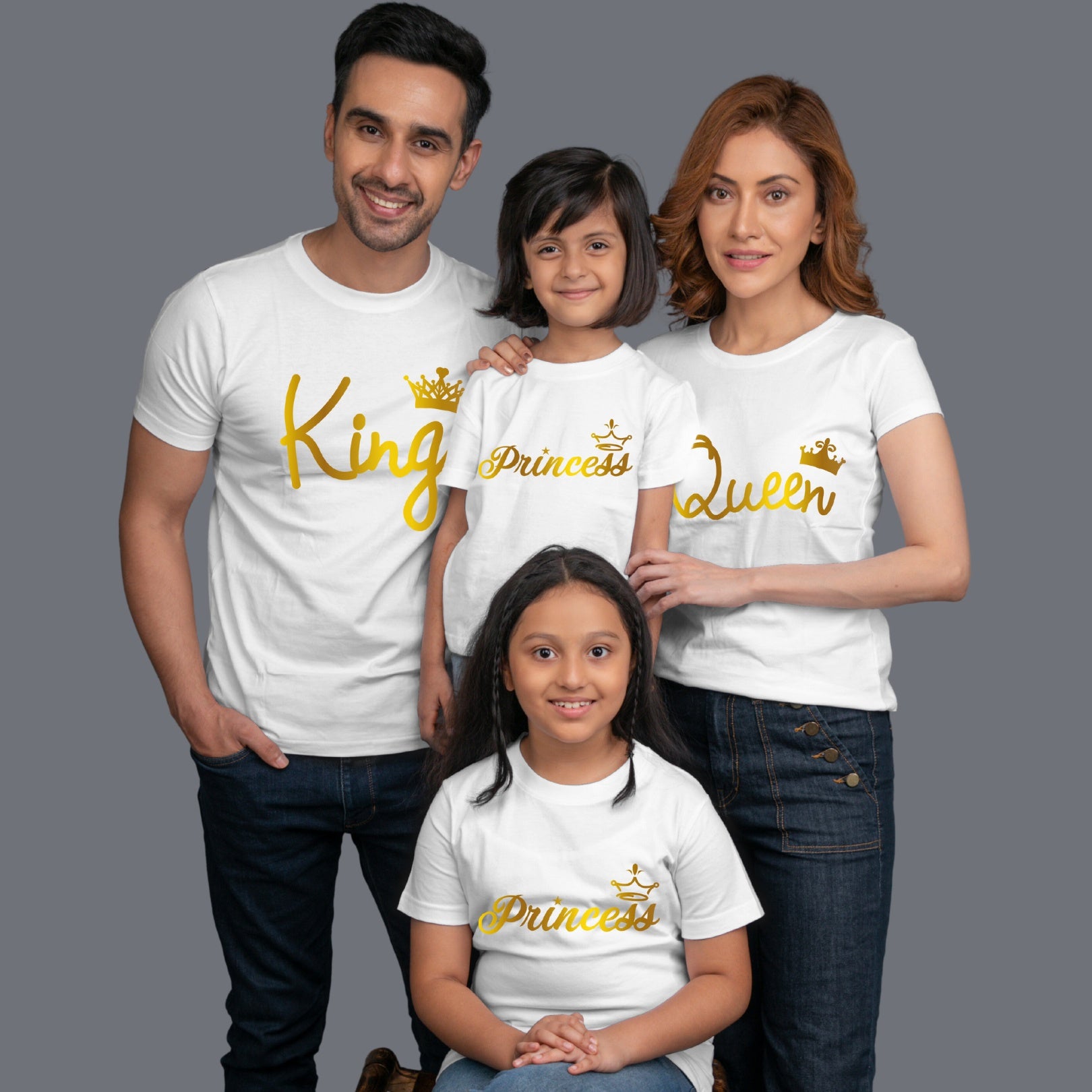 Family t shirts set of 4 Mom Dad Two Daughters in White Colour - King Queen Princess All Gold Variant
