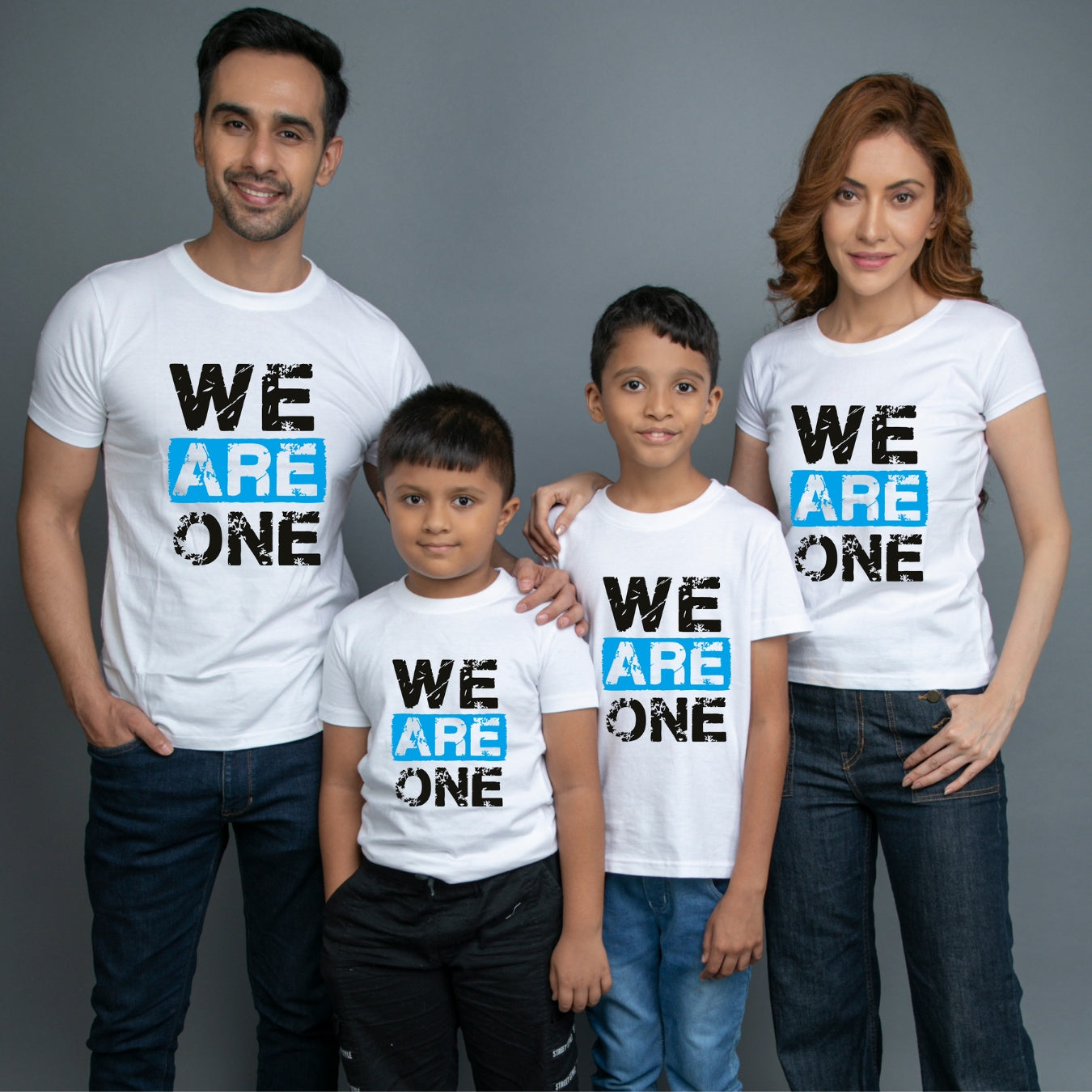 Family t shirts set of 4 Mom Dad Two Sons in White Colour - We Are One Variant