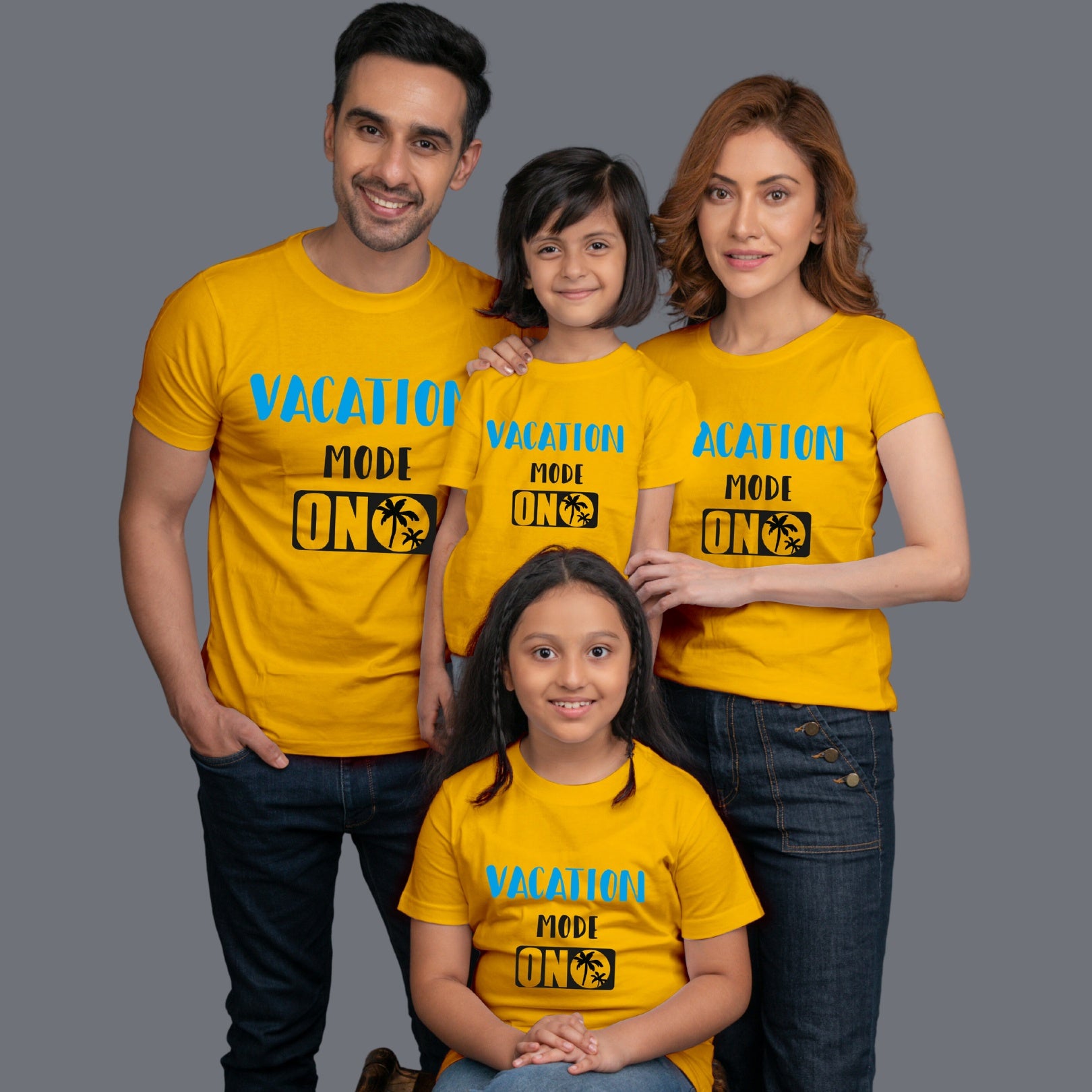 Family t shirts set of 4 Mom Dad Two Daughters in Yellow Colour - Vacation Mode On Variant