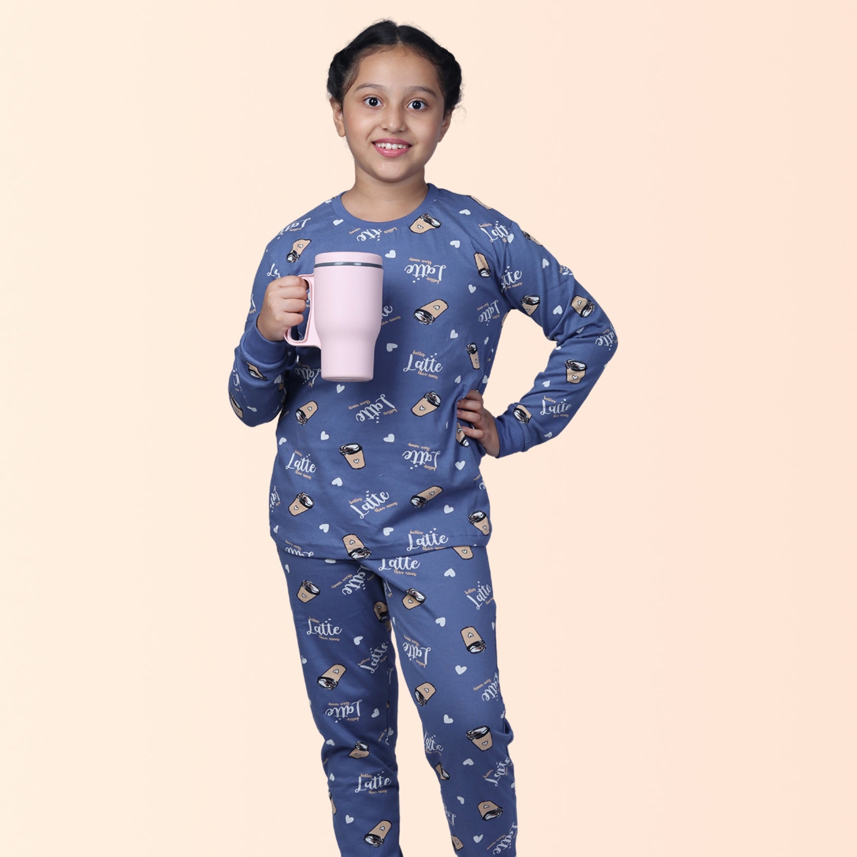 Full Sleeve Night Suit For Girl In Blue Colour - Coffee Lette