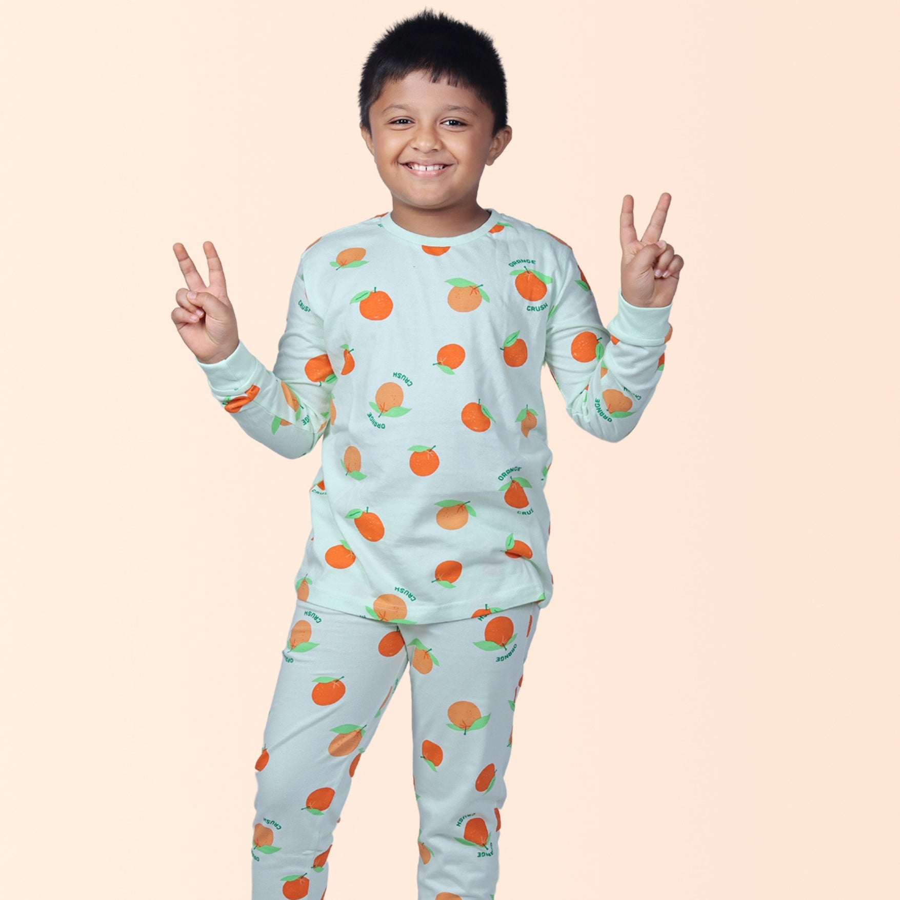Full Sleeve Night Suit For Boy In Green Colour - Orange