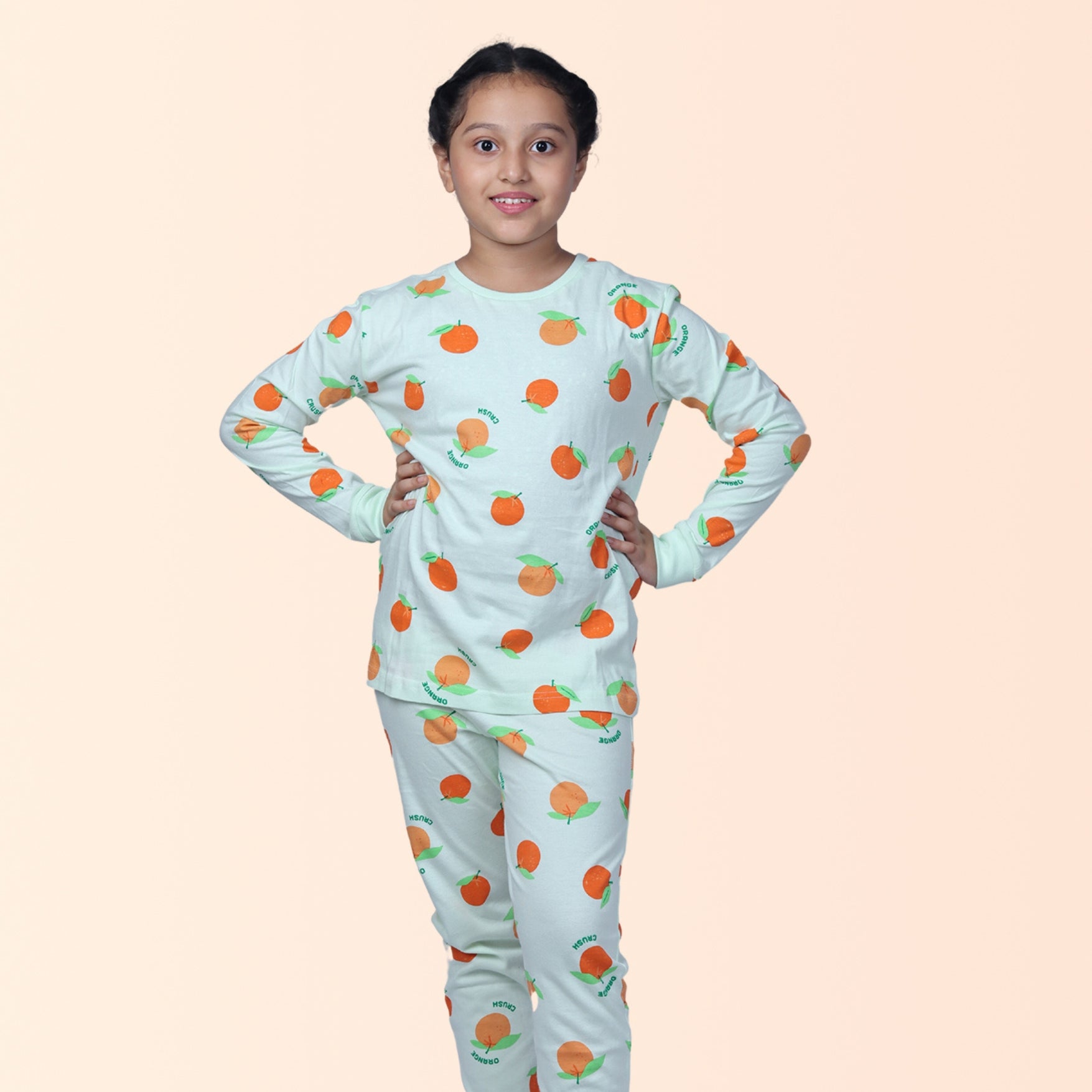 Full Sleeve Night Suit For Girl In Green Colour - Orange