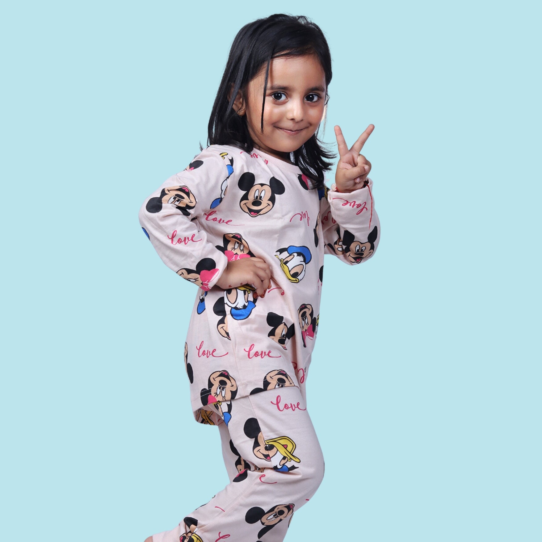 Full Sleeve Night Suit For Girl In Peach Colour - Mickey Minnie