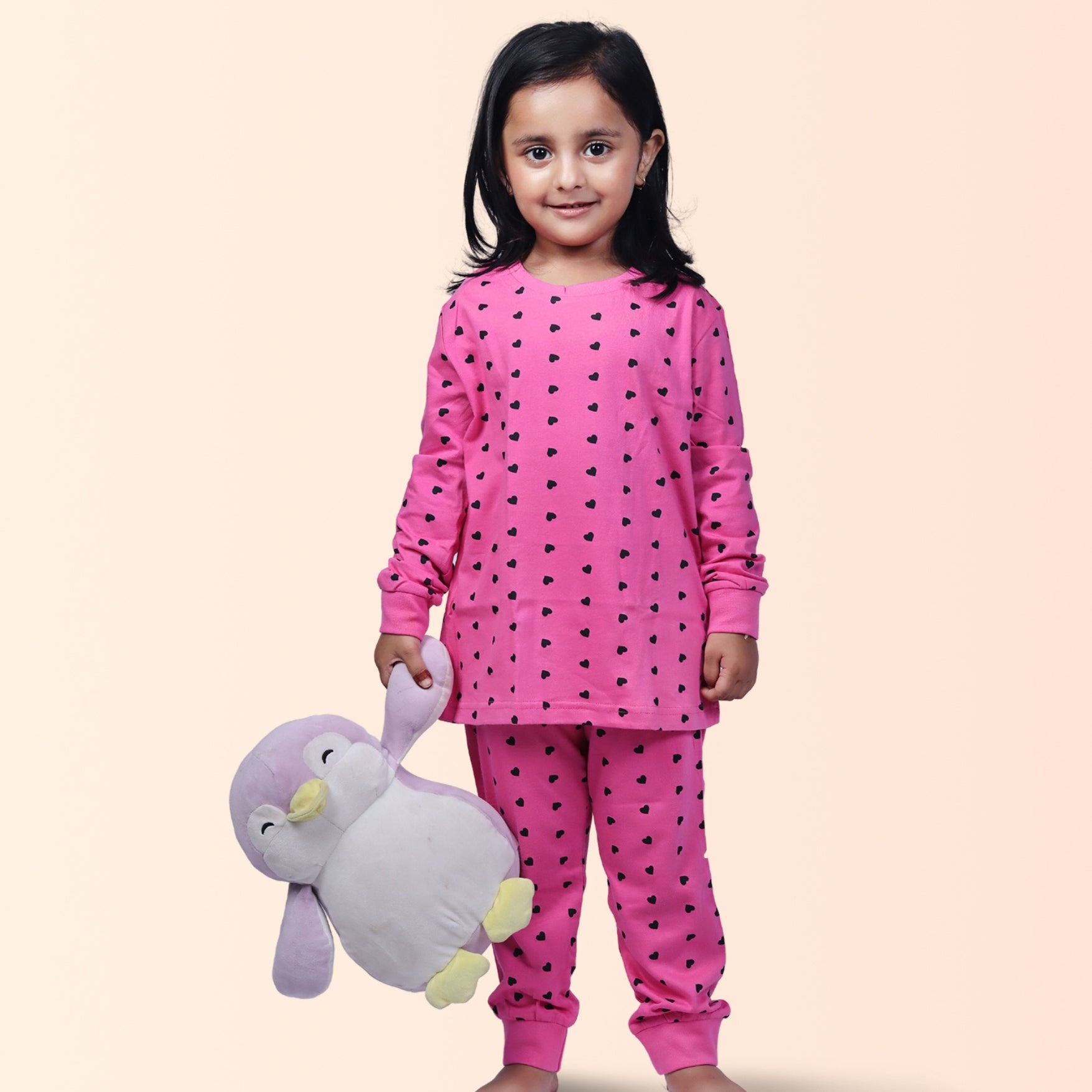 Full Sleeve Night Suit For Girl In Pink Colour - Black Hearts