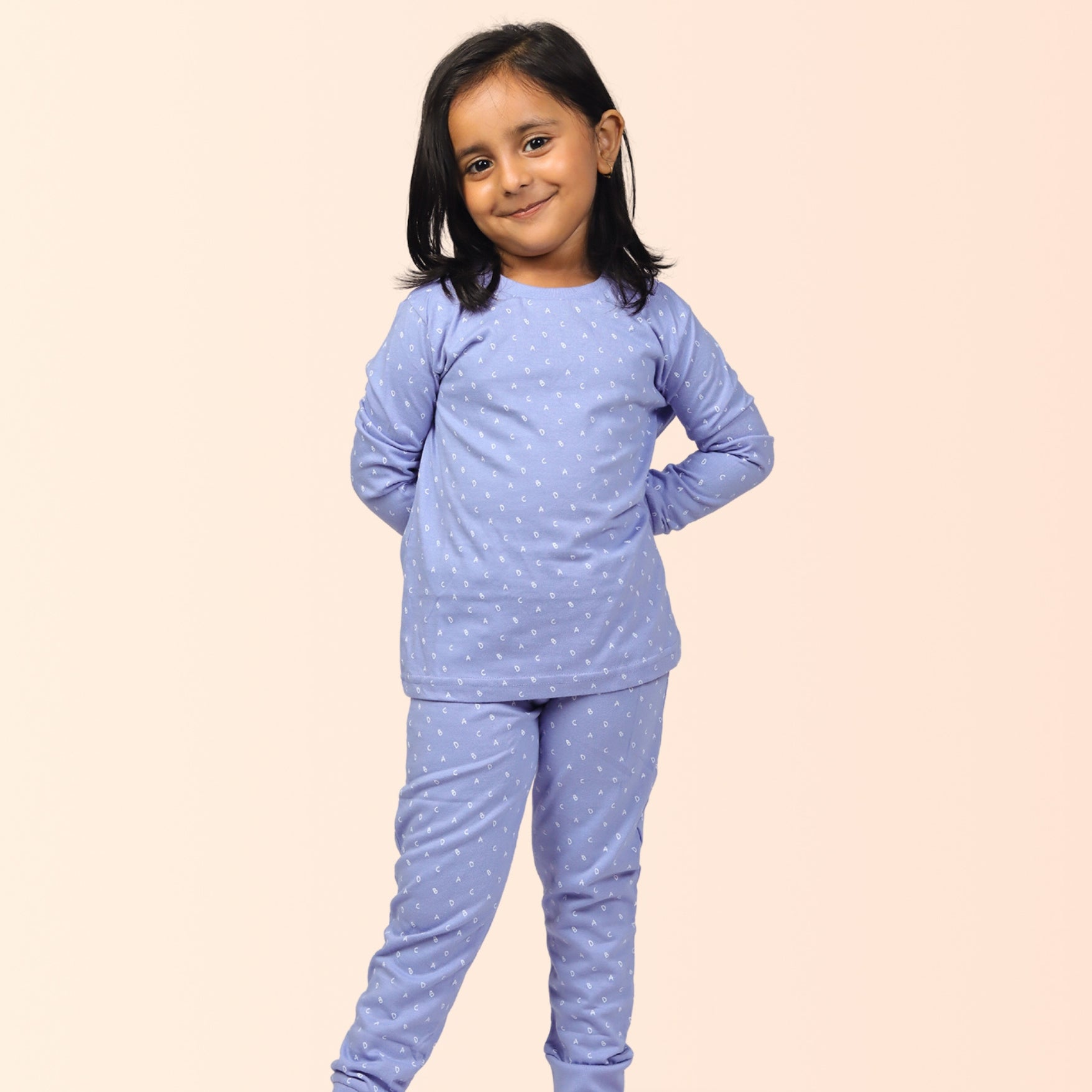 Full Sleeve Night Suit For Girl In Purple Colour - Alphabet