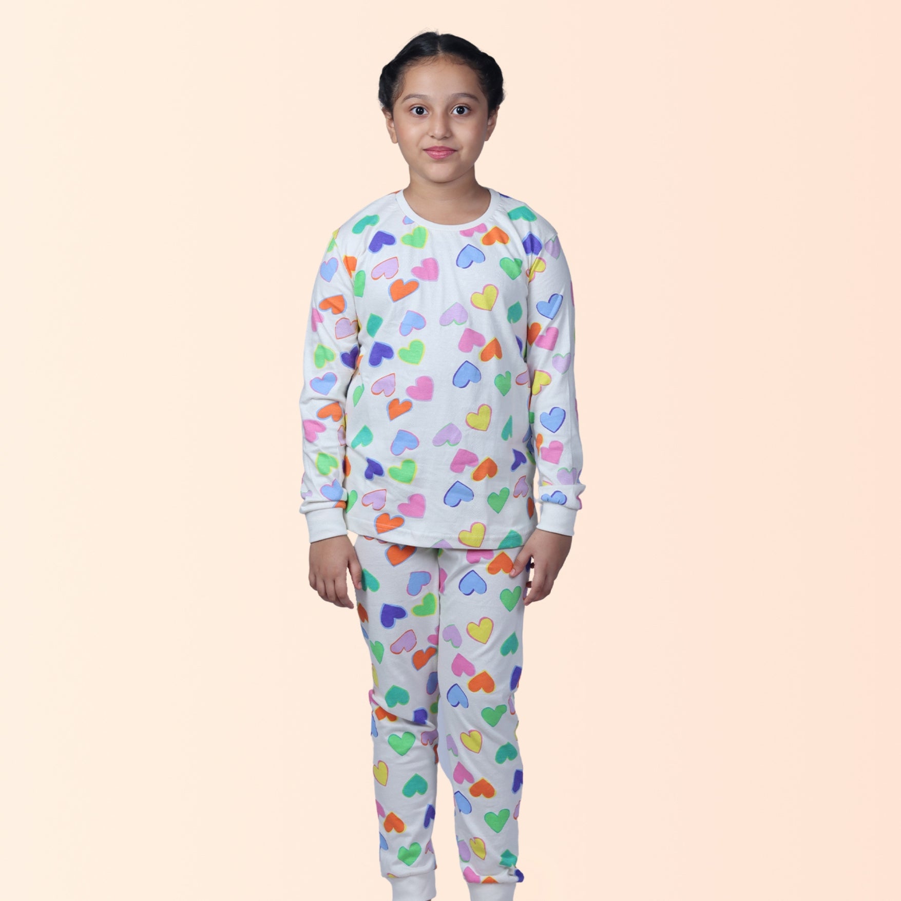 Full Sleeve Night Suit For Girl In White Colour - Multicolour Hearts