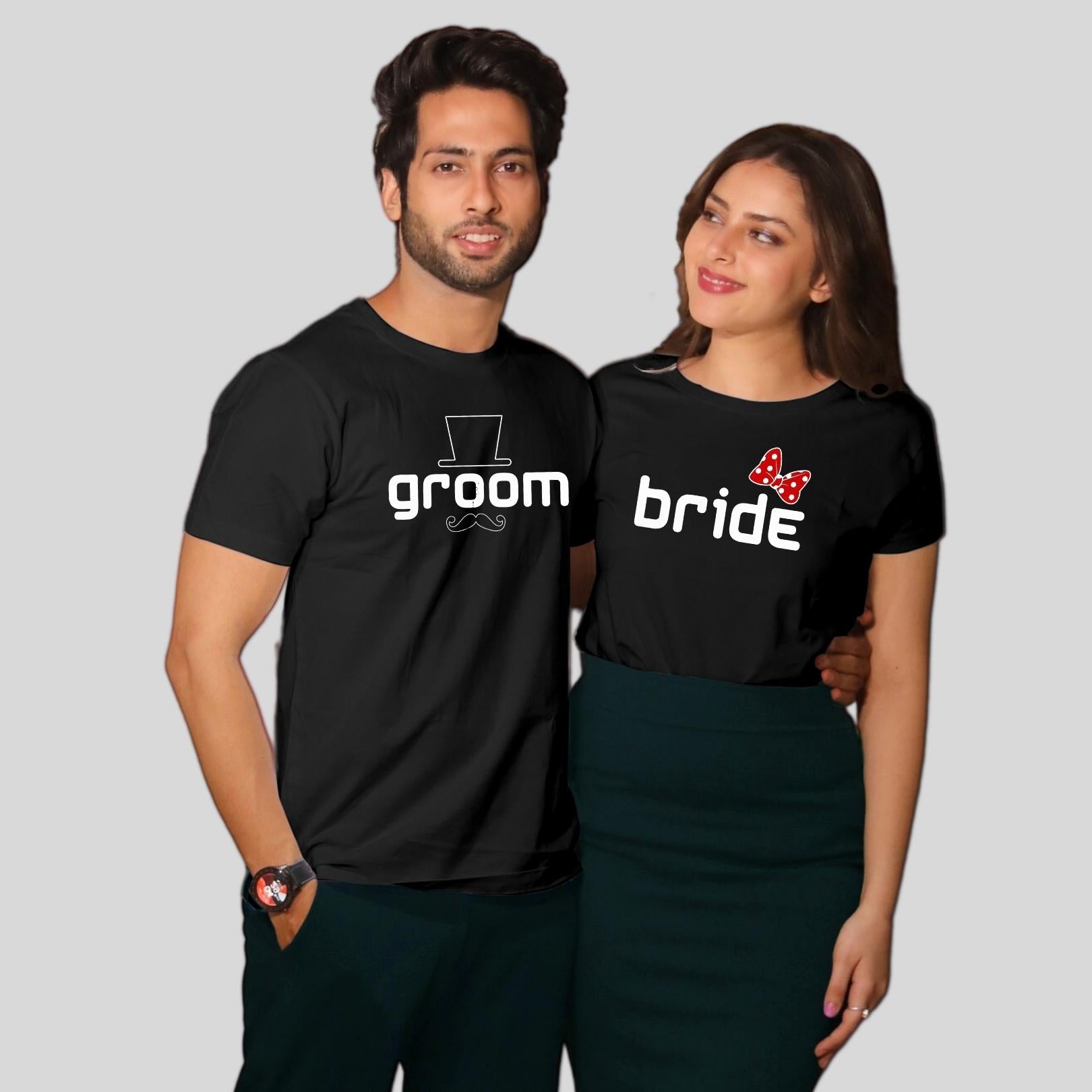 Couple T Shirt For Husband Wife In Black Colour - Groom Bride Variant