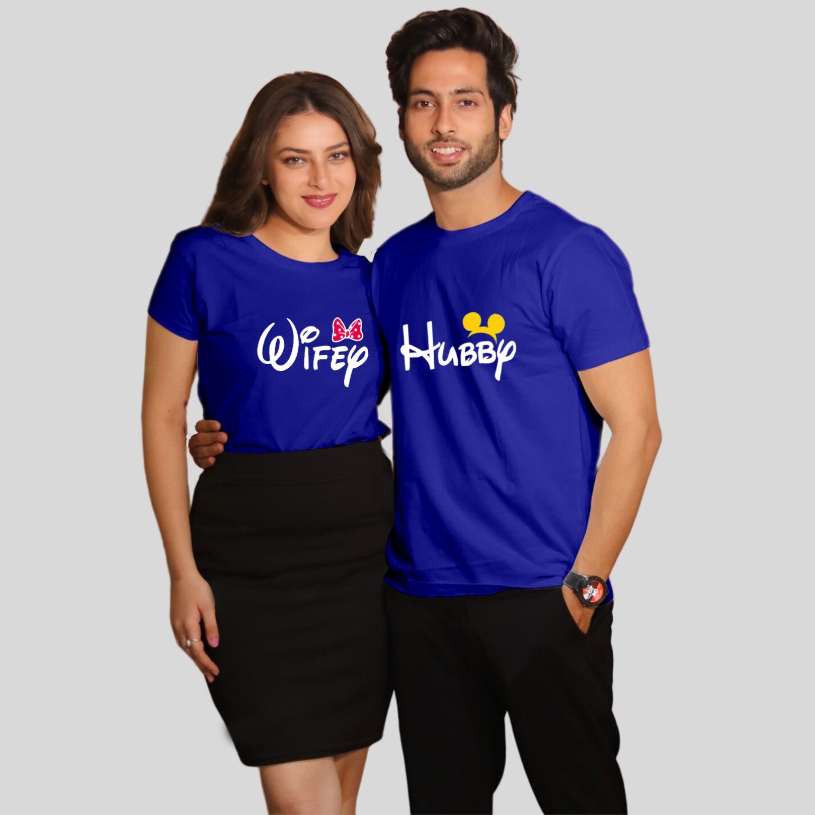 Couple T Shirt For Husband Wife In Blue Colour - Hubby Wifey Variant