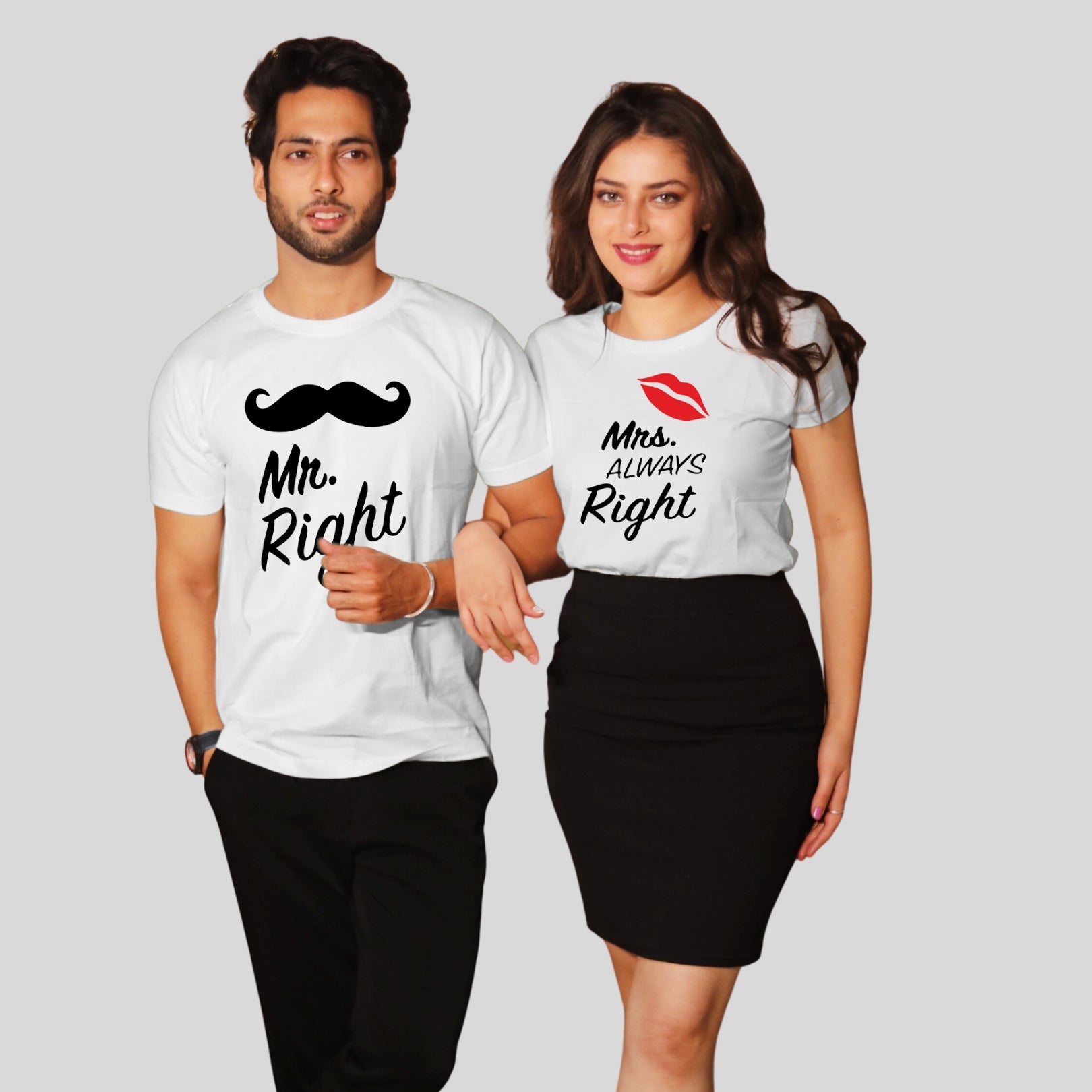 Couple T Shirt For Husband Wife In White Colour - Mr Right Mrs Always Right Variant