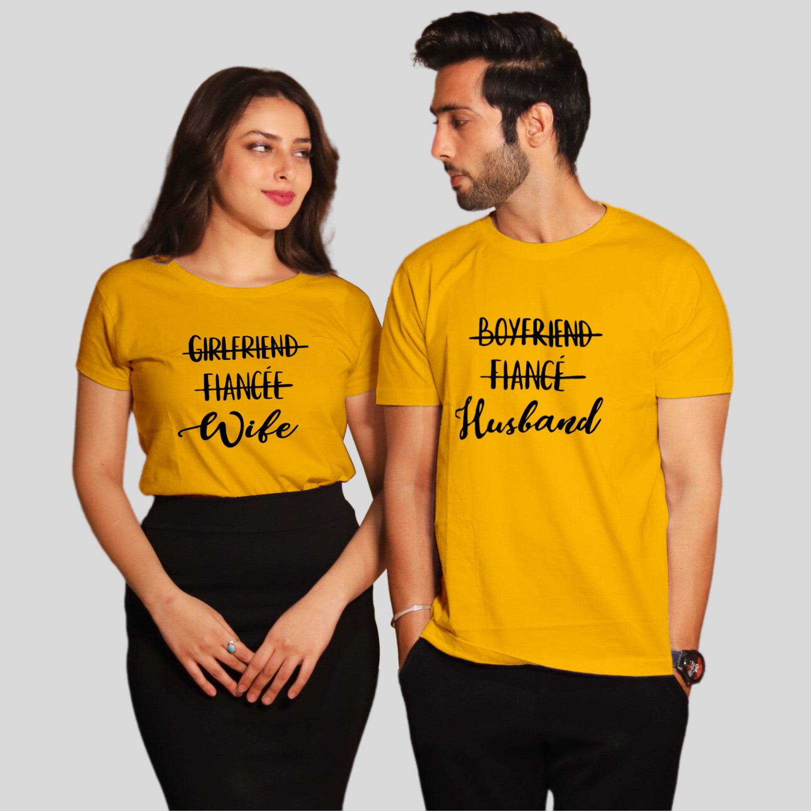 Couple T Shirt for Husband Wife In Yellow Colour - GF Fiance Wife BF Fiance Husband Variant