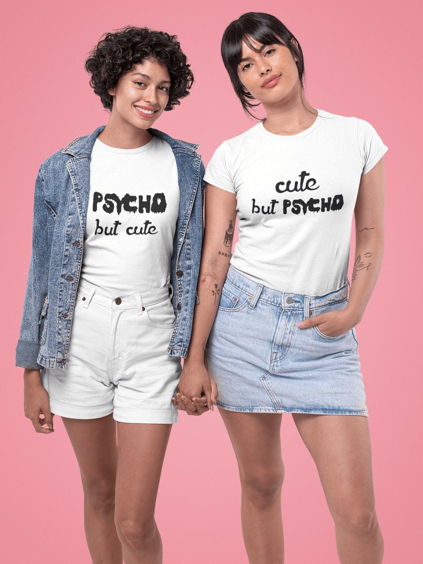 Pride T Shirts For Women In White Colour - Psycho But Cute and Cute But Psycho Variant