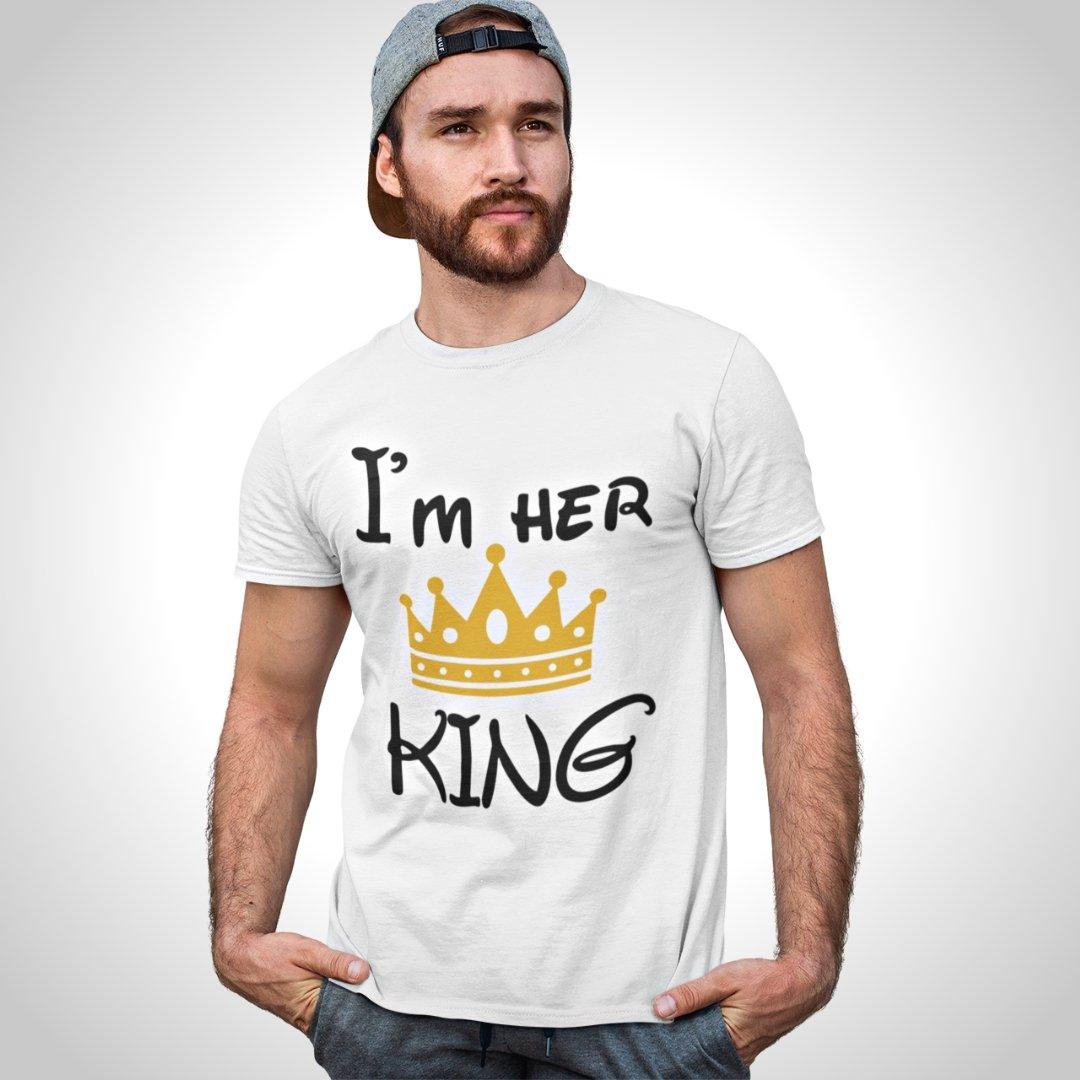 Printed Graphic T Shirt For Men In White Colour -  I Am Her King Golden Crown Variant