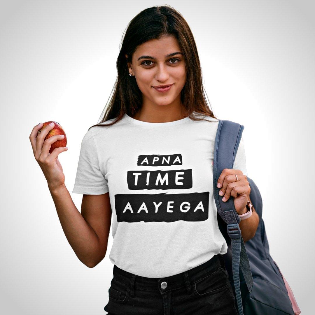 Printed Graphic T Shirt For Women In White Colour - Apna Time Ayega Variant