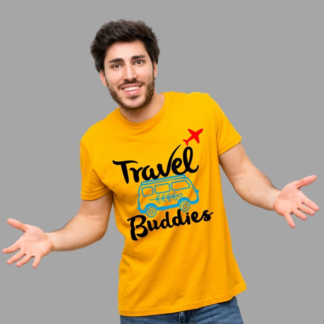 Printed Graphic T Shirt For Men In Yellow Colour - Travel Buddies Variant