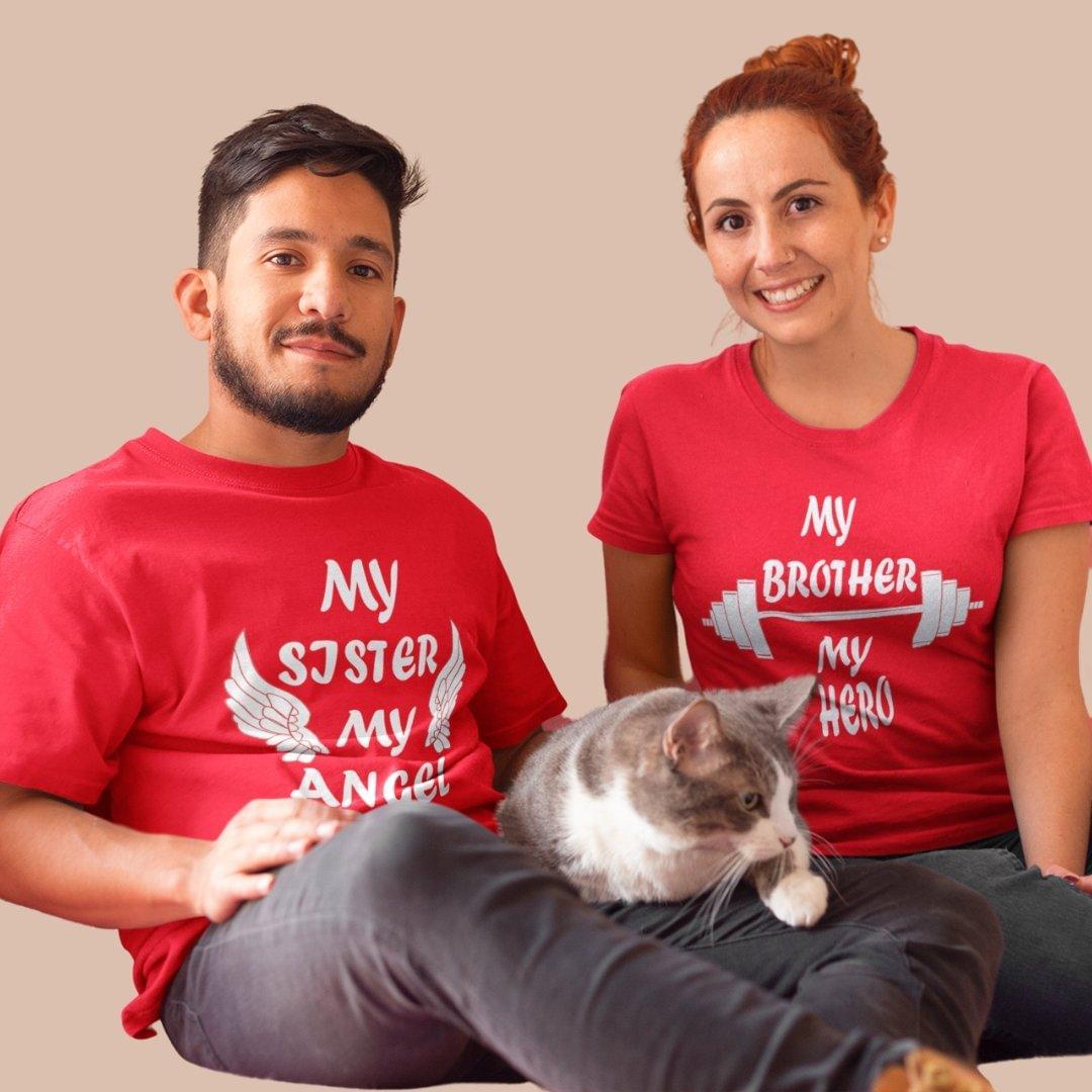 Sibling T Shirt for Adult Brother and Sister in Red Colour - My Sister My Angel My Brother My Hero Variant