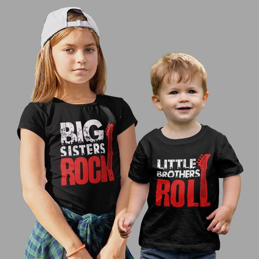 Sibling T Shirt for Kids Brother and Sister in Black Colour - Big Sister Rocks little Brother Rools