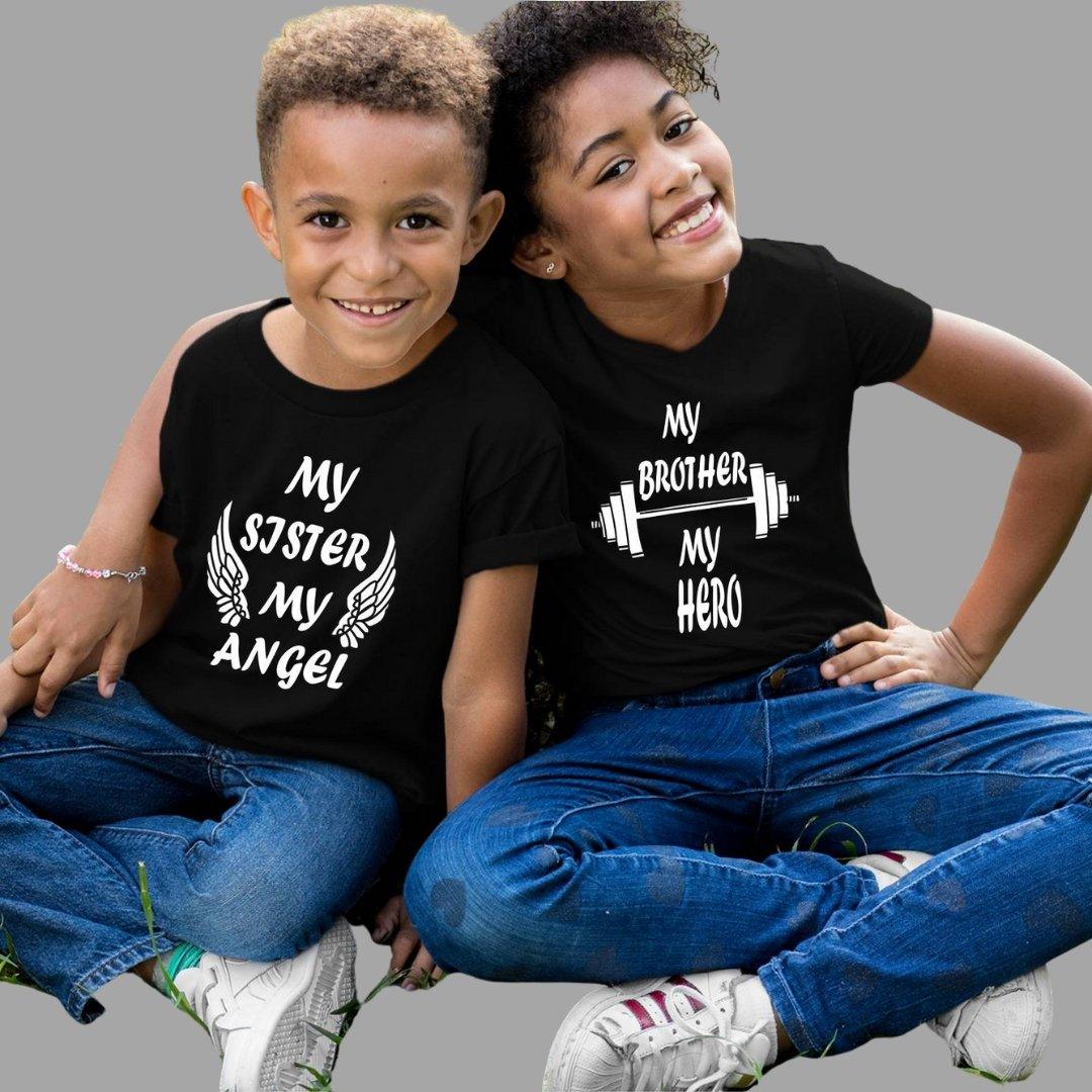 Sibling T Shirt for Kids Brother and Sister in Black Colour - My Sister My Angel My Brother My Hero Variant